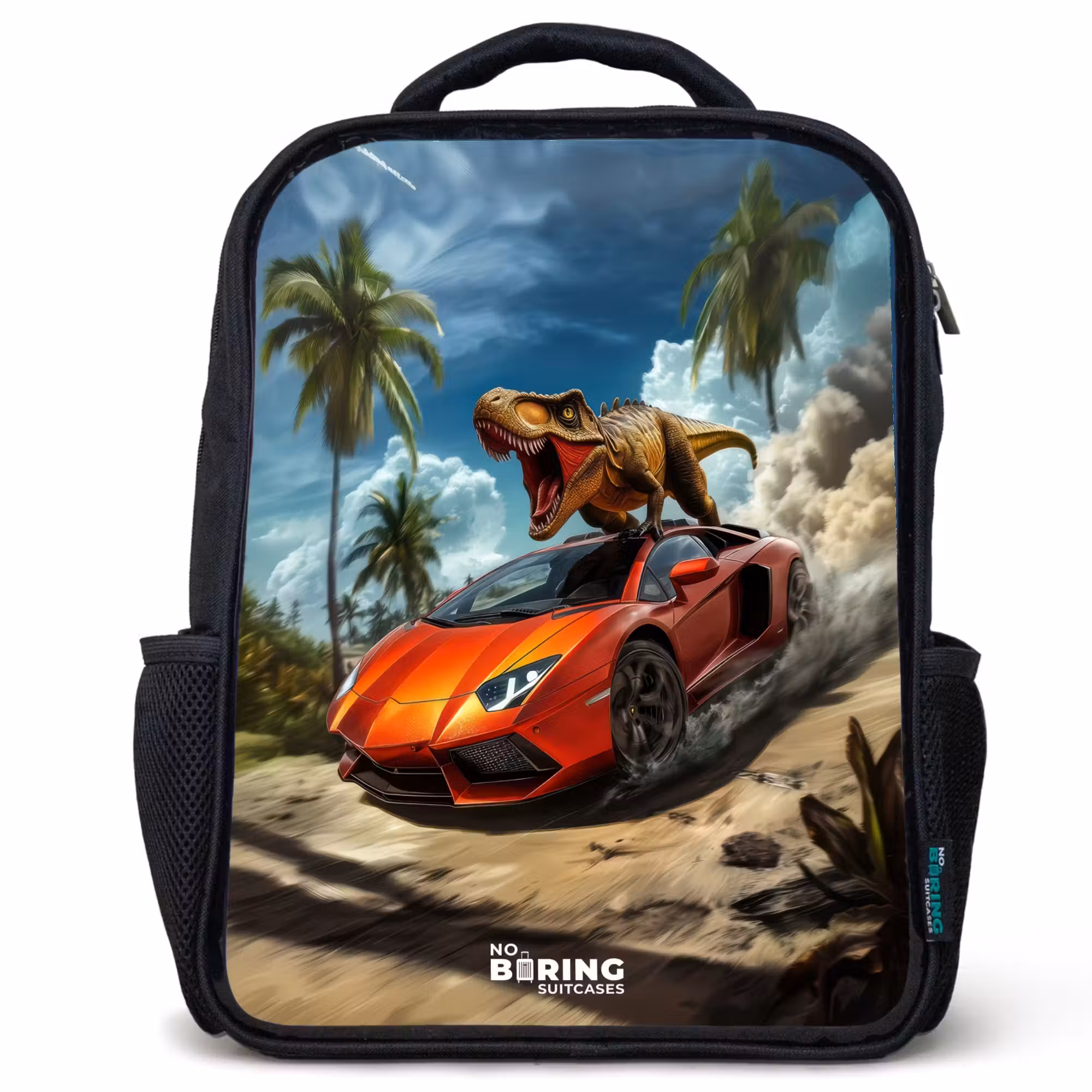 Kinderrucksack - Schwarz - Roter Sportwagen mit Dino rast durch tropischen Strand