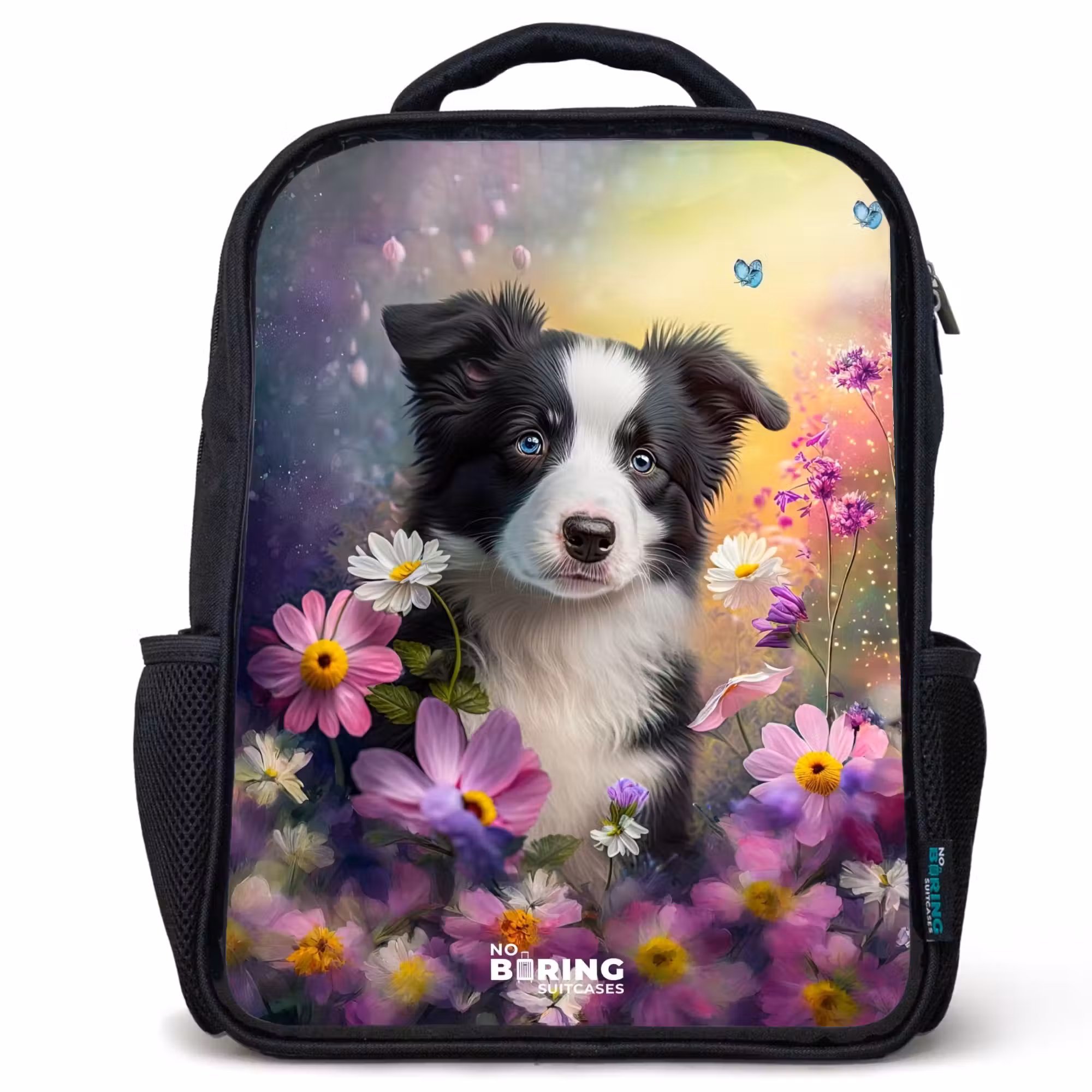 Kinderrucksack - Schwarz - schwarz-weißes Hündchen zwischen bunten Blumen