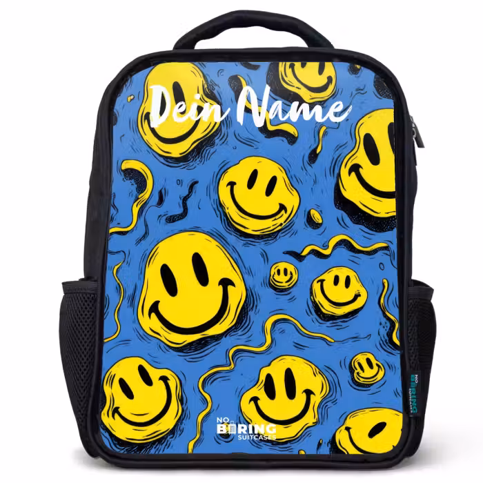 Kinderrucksack mit Namen - Schwarz - Smiley - Blau - Gelb