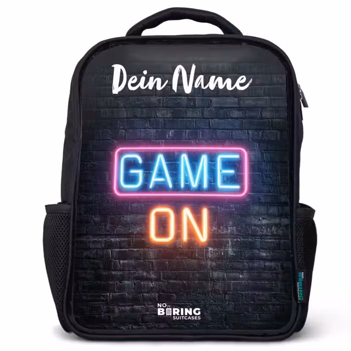 Kinderrucksack mit Namen - Schwarz - Spiel - Neon - Wand