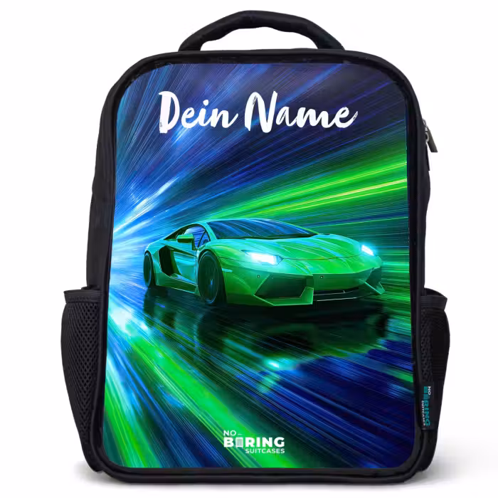 Kinderrucksack mit Namen - Schwarz - Sportwagen - Grün - Geschwindigkeitslinien - Neon