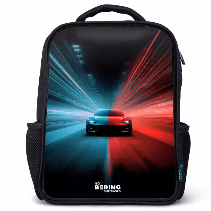 Kinderrucksack mit Namen - Schwarz - Sportwagen - Lichtstrahlen - Neon - Blau