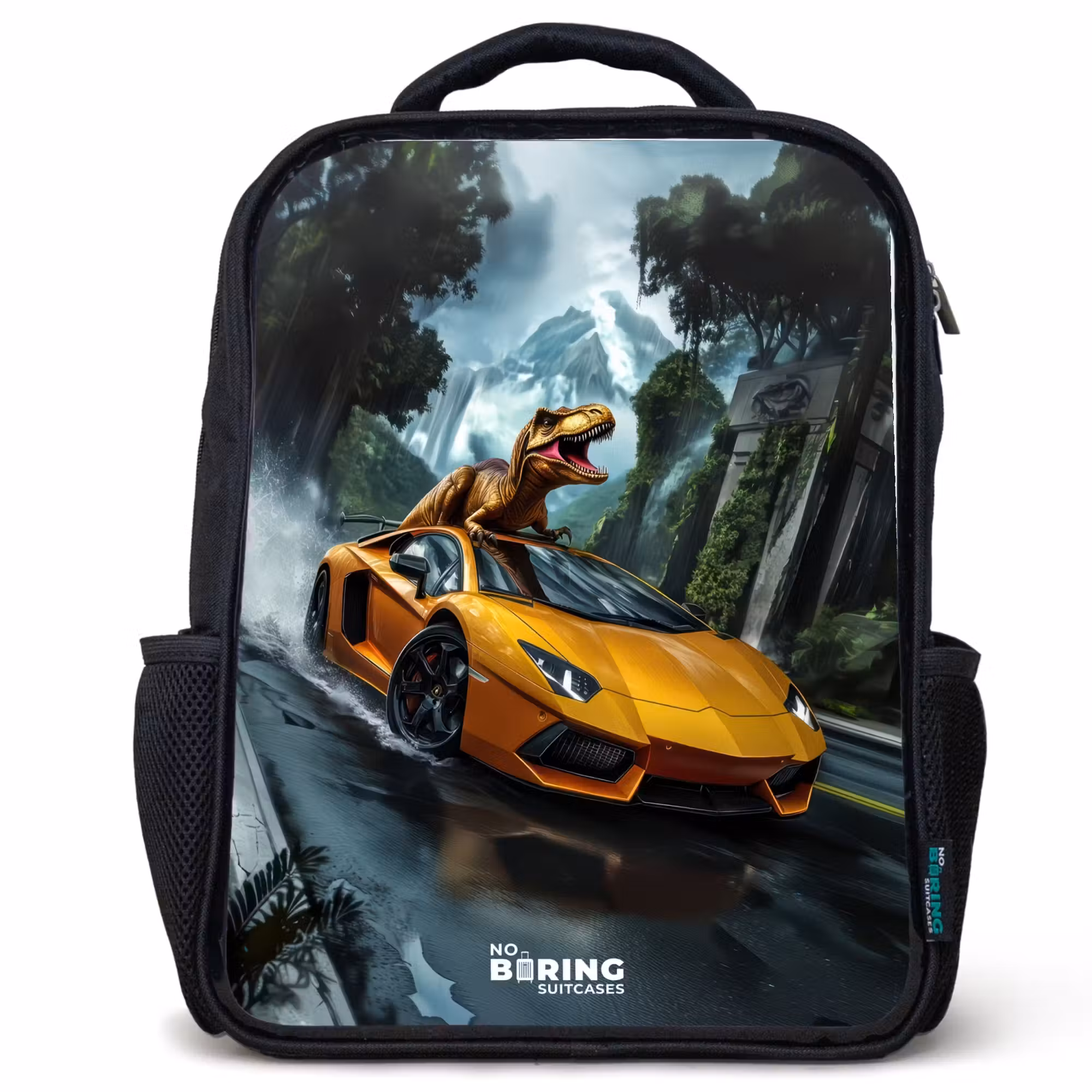 Kinderrucksack - Schwarz - T-Rex auf orangefarbenem Sportwagen im verregneten Wald