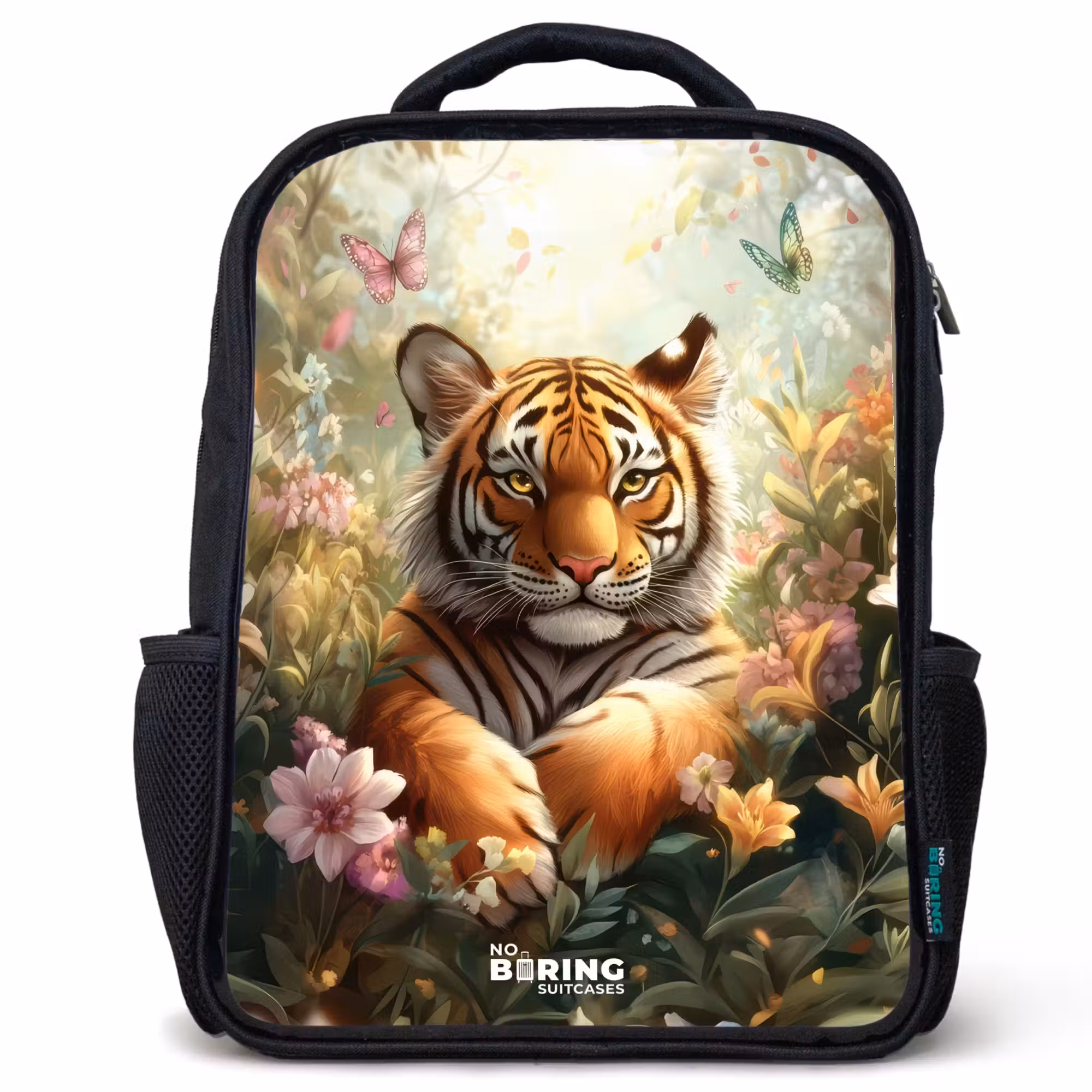 Kinderrucksack - Schwarz - Tiger im Blumenfeld mit Schmetterlingen und Sonnenlicht