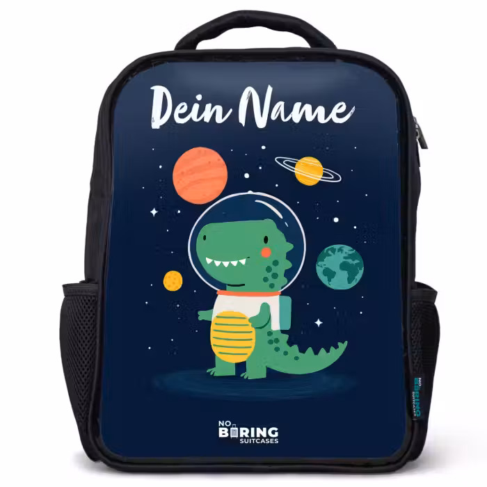 Kinderrucksack mit Namen - Schwarz - Weltraum - Dino - Planeten - Sterne