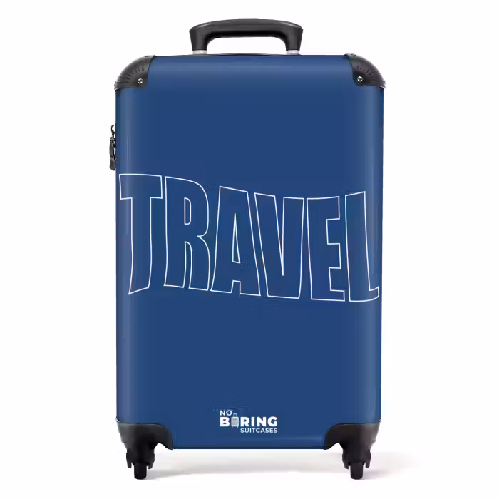 Koffer - Blauer Hintergrund mit großem Umriss Text Travel