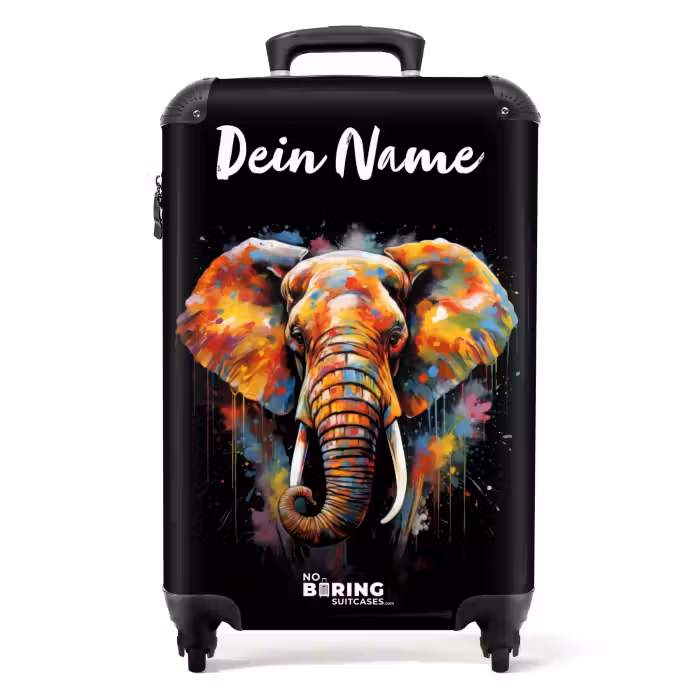 Koffer mit Name - Elefant mit bunten Spritzern verziert