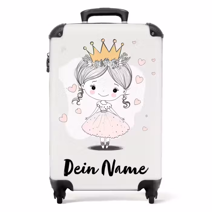 Koffer mit Name - Prinzessin mit Krone und rosa Herzen