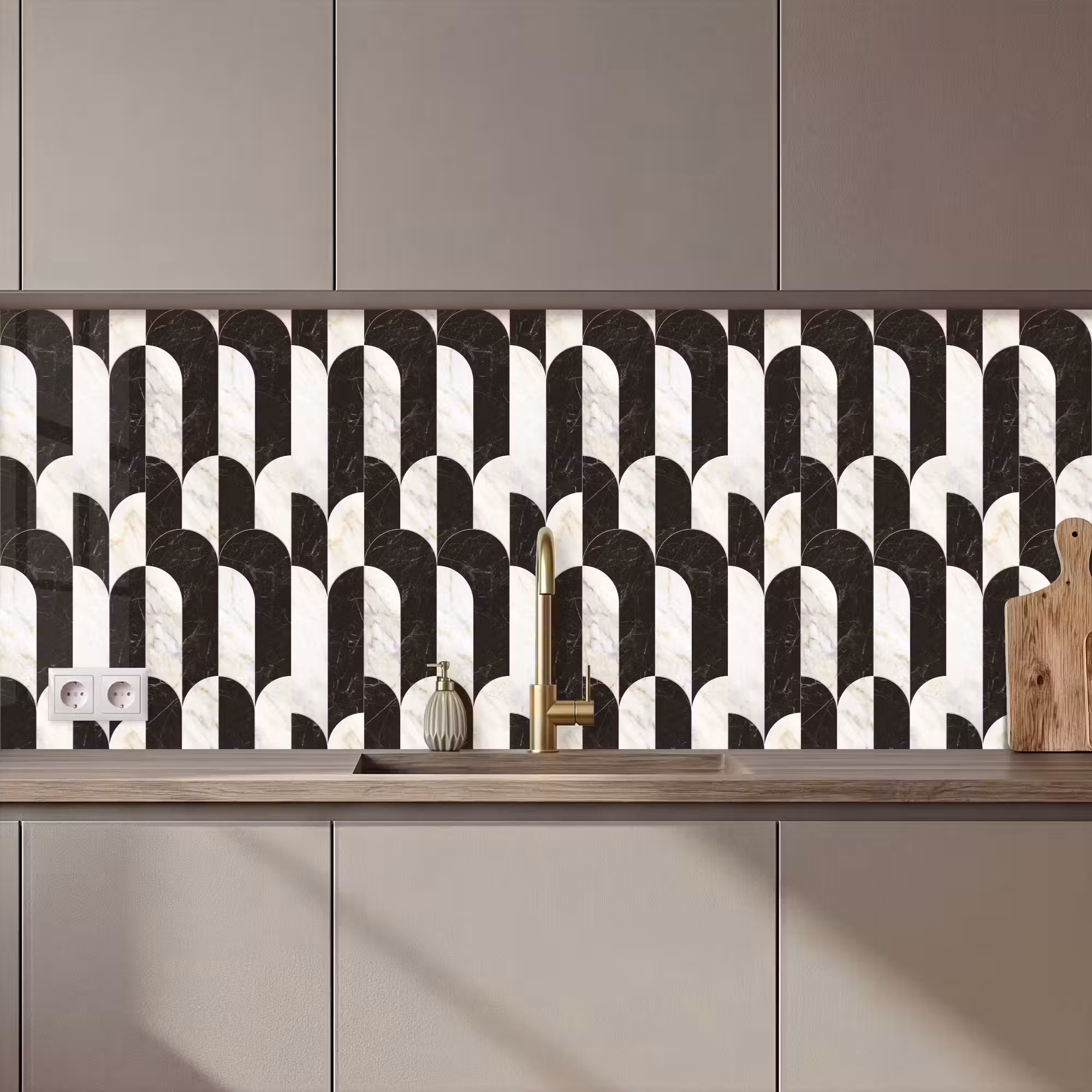 Küchenrückwand - Bögen - Kacheln - Marmor - Schwarz - Weiß