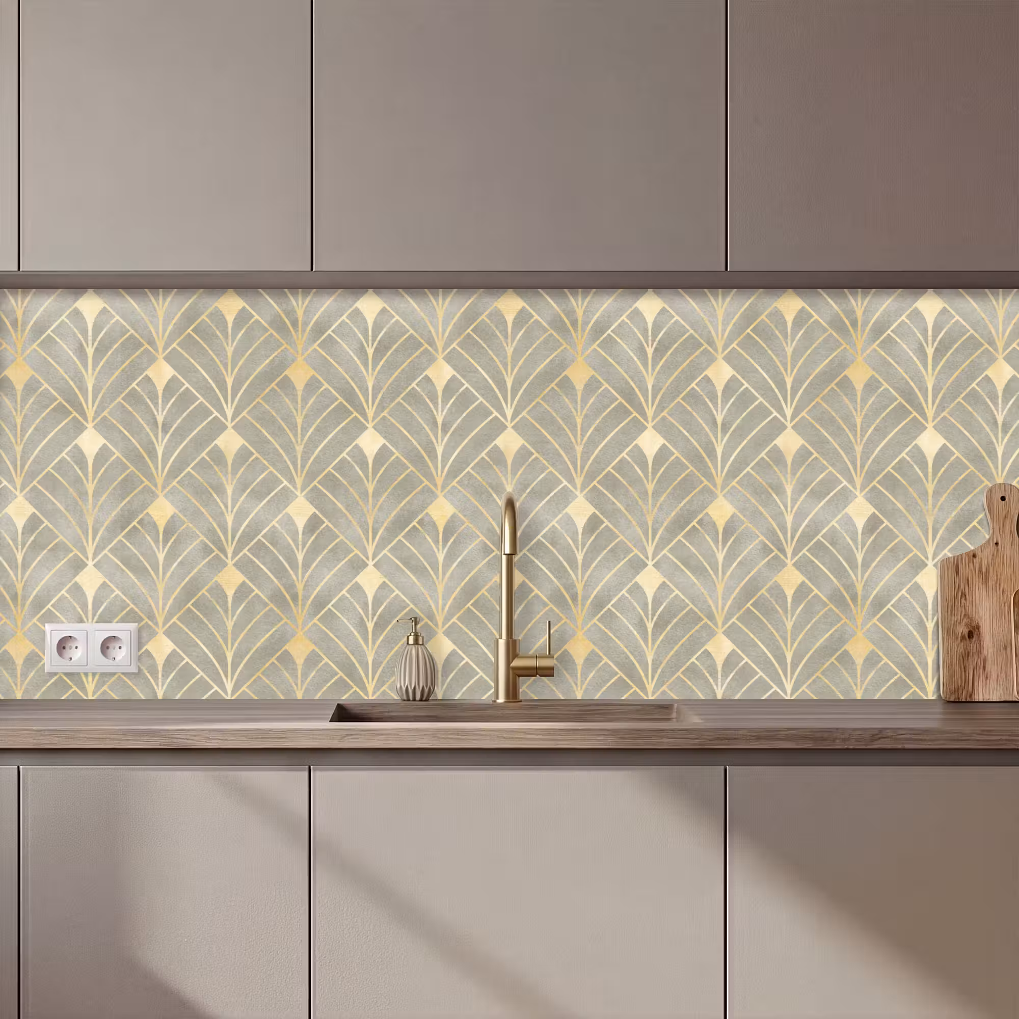 Küchenrückwand - Elegant - Symbol - Gold - Grau-Grün