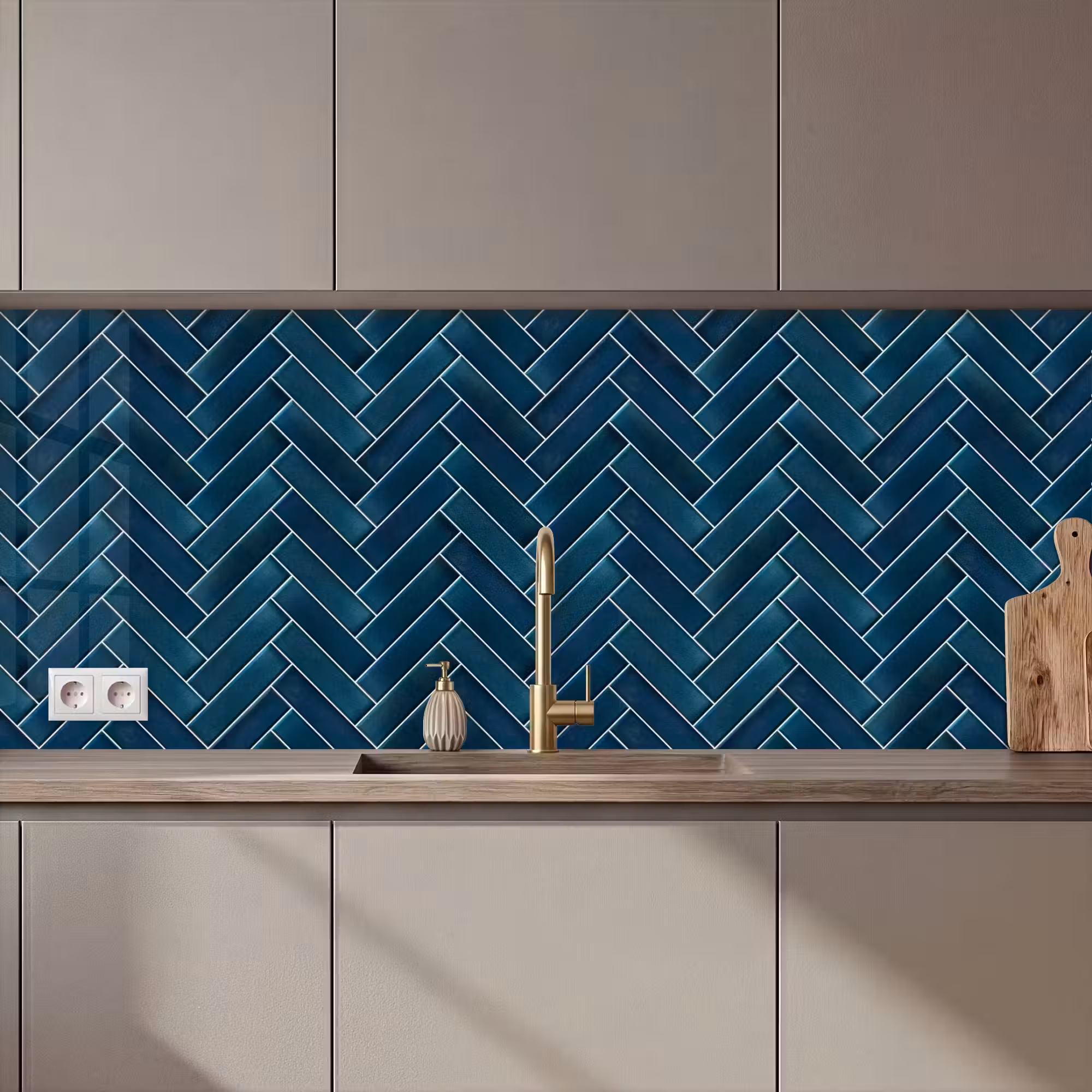 Küchenrückwand - Fischgrätenmuster - Kacheln - Tiefblau