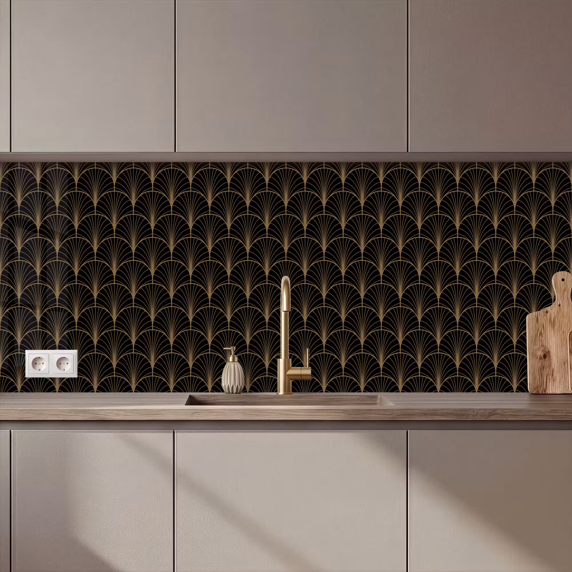 Küchenrückwand - Gold - Fächer - Schwarz
