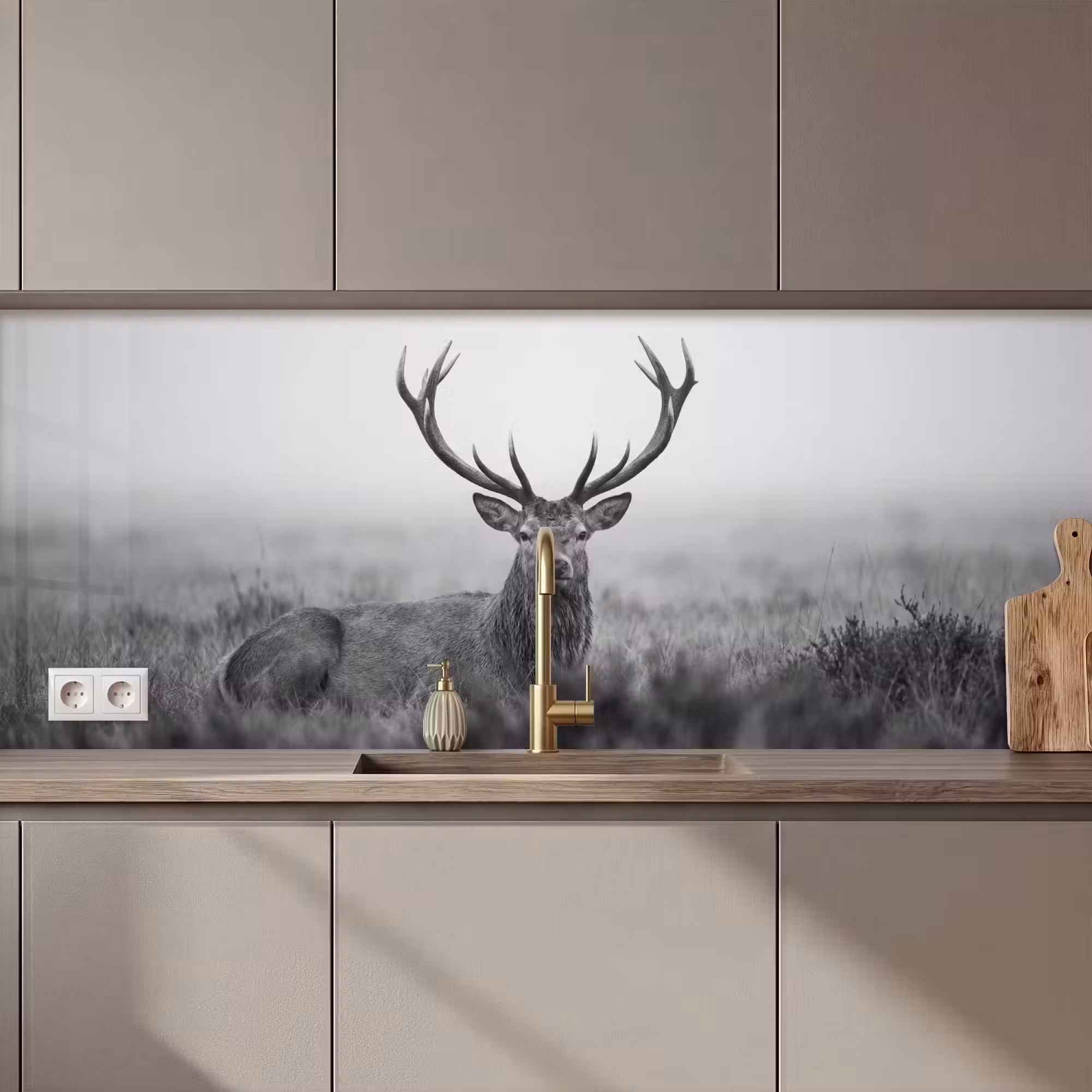 Küchenrückwand - Hirsch - Neblig - Schwarz - Weiß