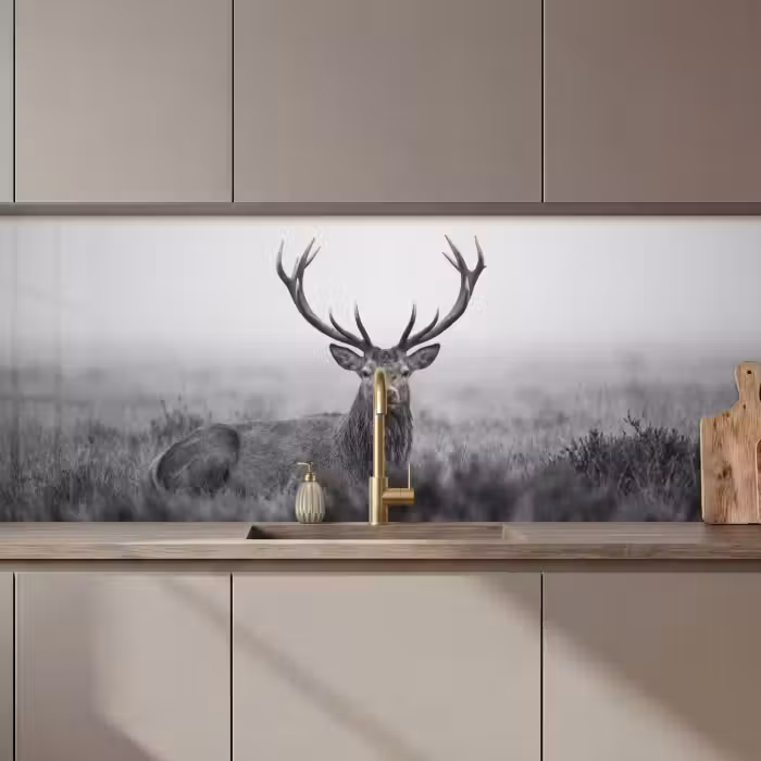 Küchenrückwand - Hirsch - Neblig - Schwarz - Weiß