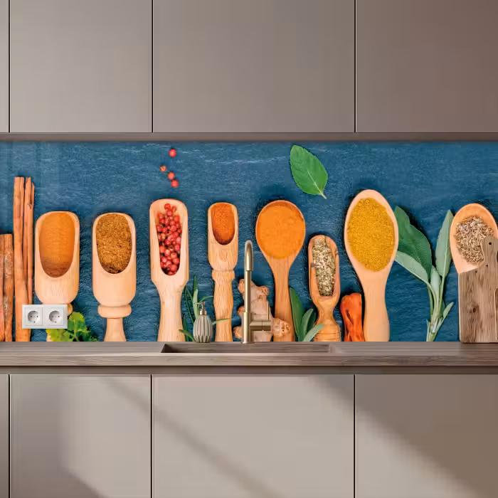 Küchenrückwand - Löffel - Holz - Kräuter - Gewürze