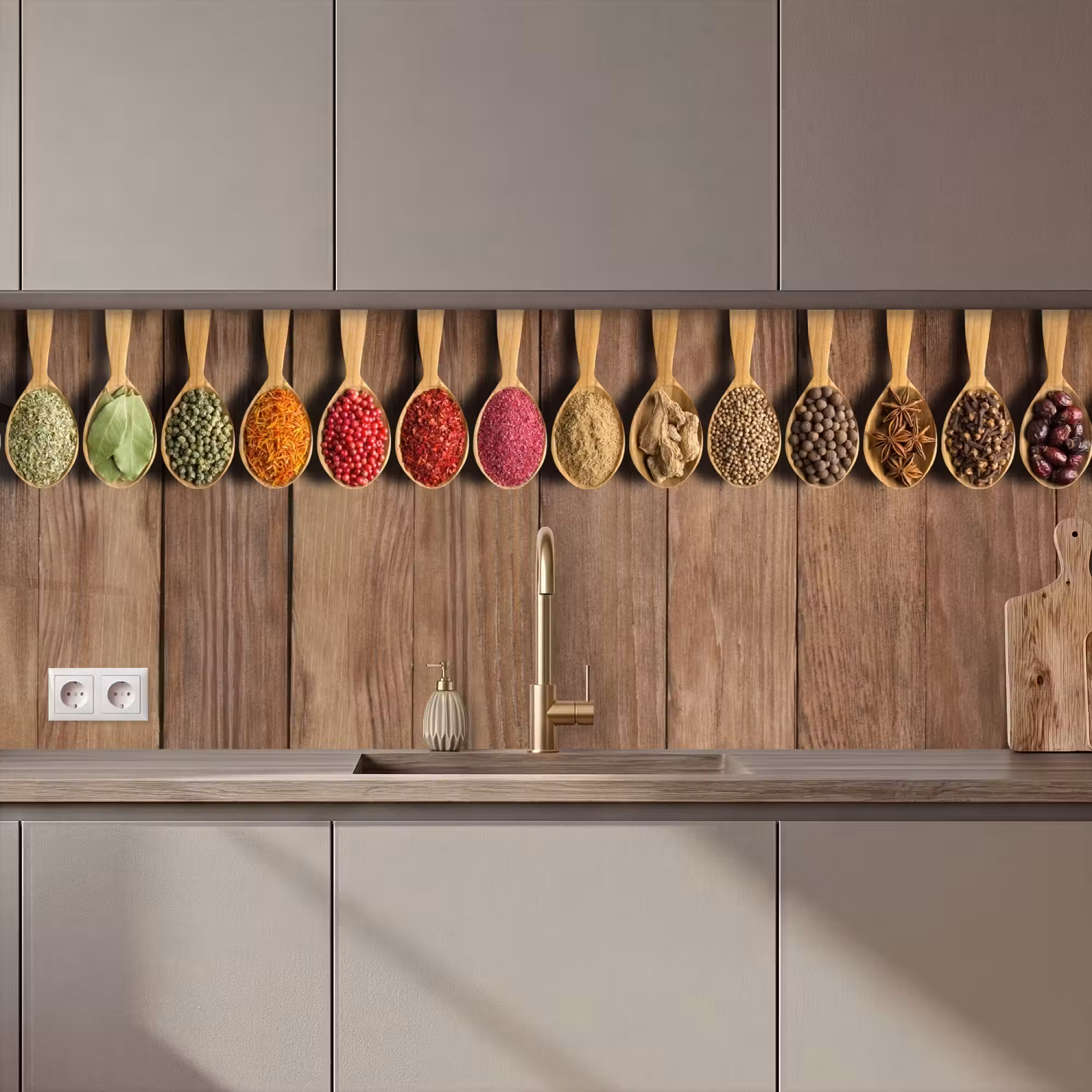 Küchenrückwand - Löffel - Kräuter - Holz