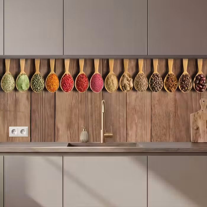 Küchenrückwand - Löffel - Kräuter - Holz