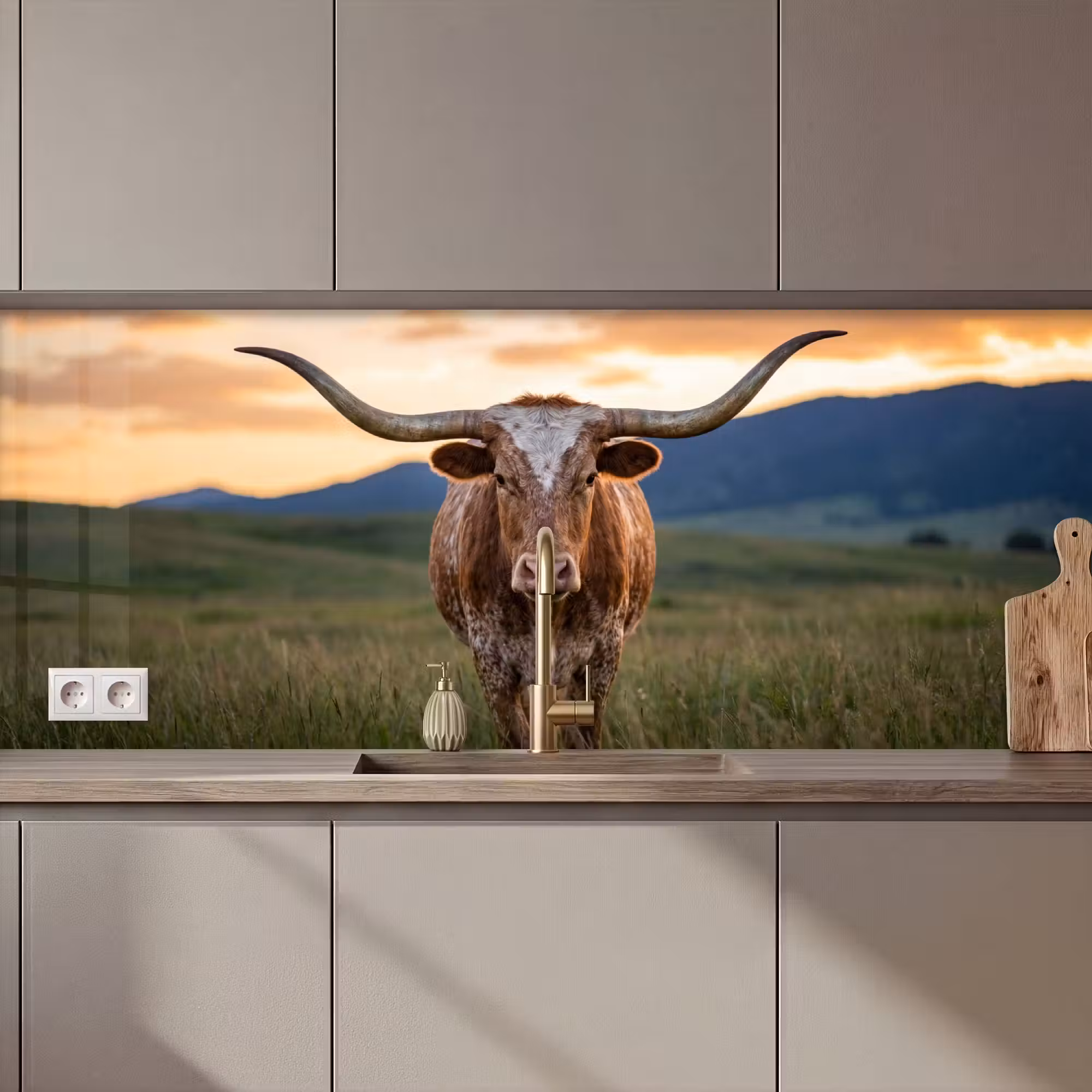 Küchenrückwand - Longhorn - Landschaft - Sonnenuntergang