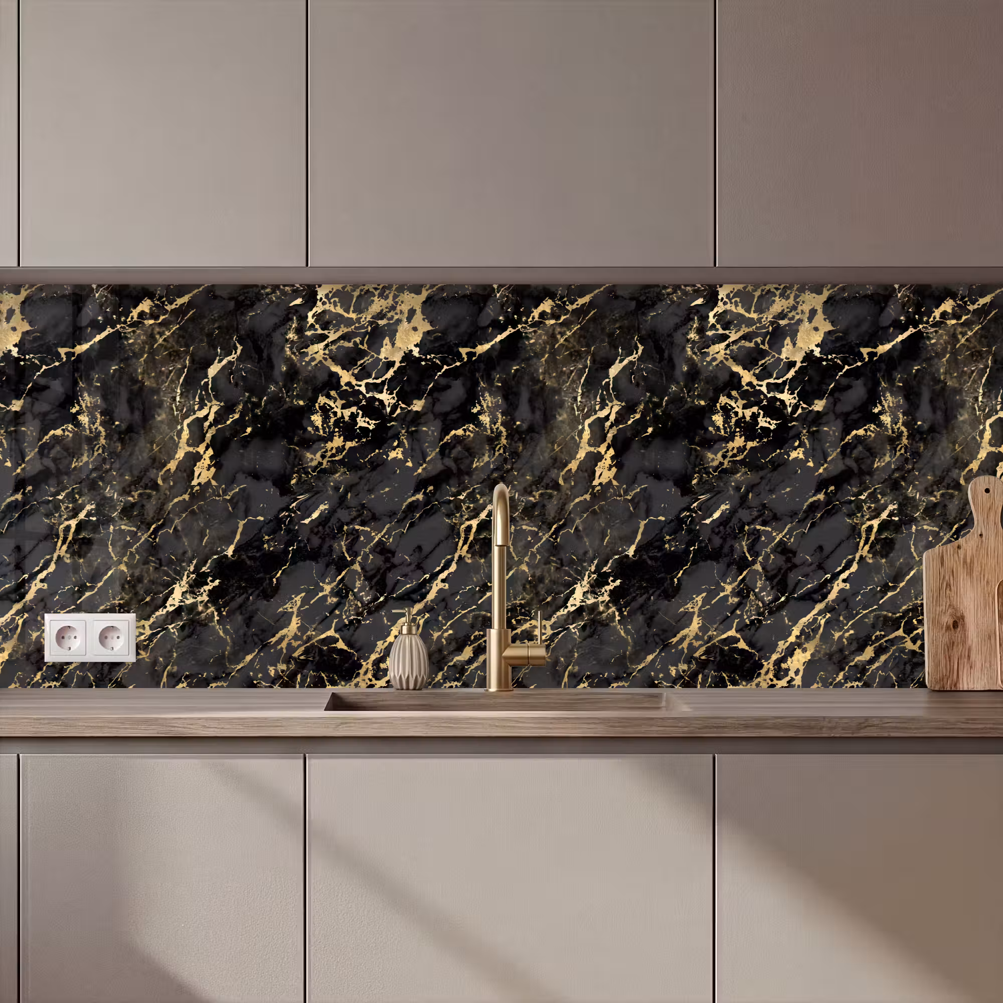 Küchenrückwand - Marmor - Schwarz - Goldstruktur