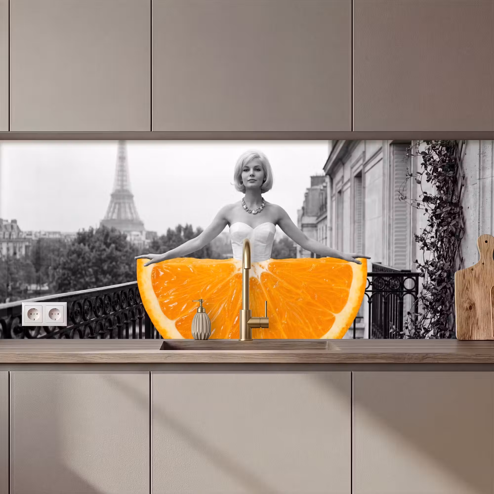 Küchenrückwand - Orange - Eiffelturm - Frau