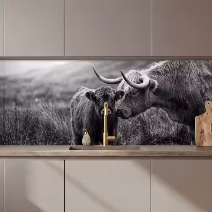 Küchenrückwand - Schottischer Highlander - Kalb - Schwarz - Weiß