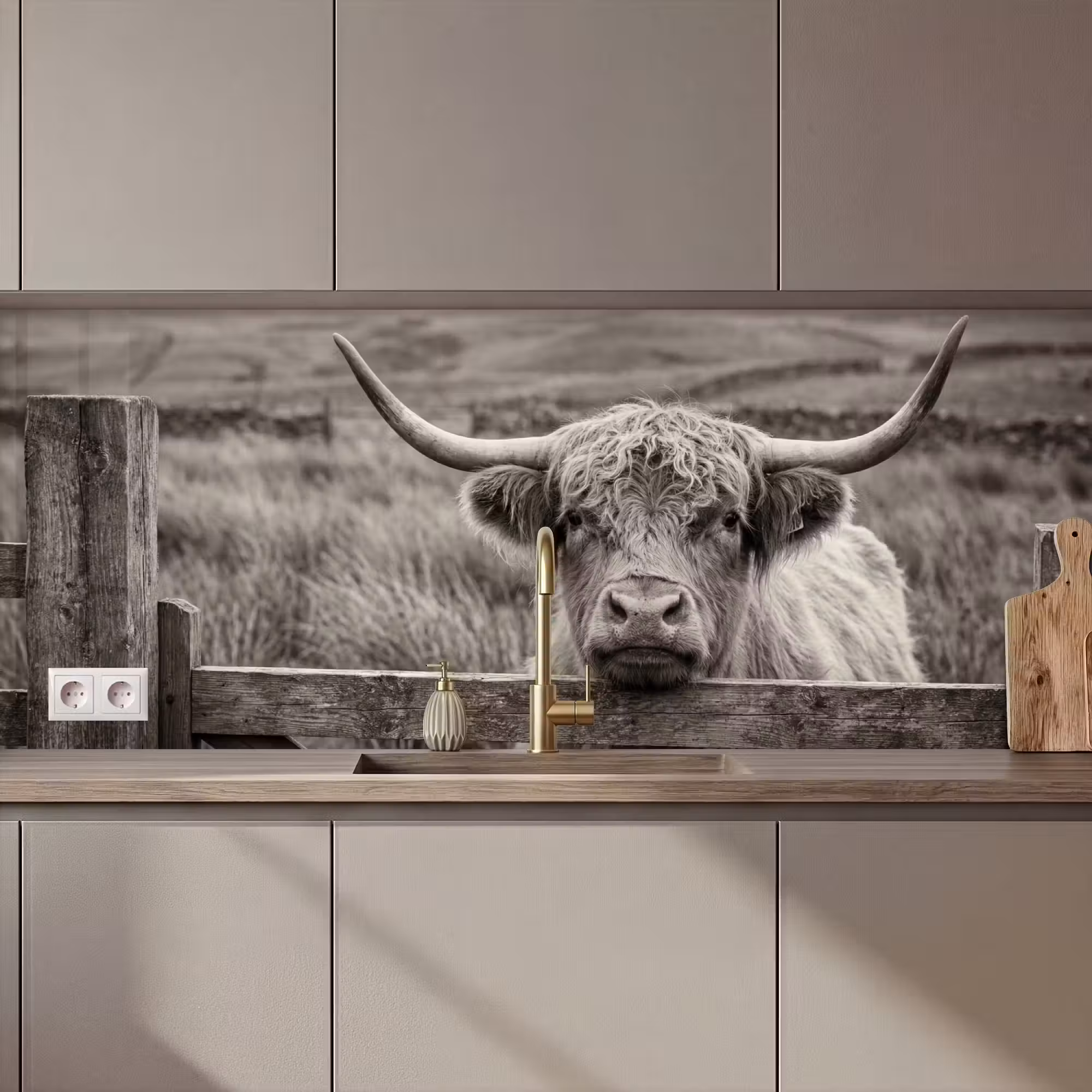 Küchenrückwand - Schottischer Highlander - Schwarz - Weiß - Holz