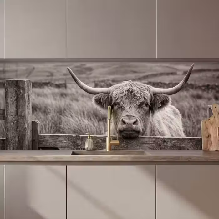 Küchenrückwand - Schottischer Highlander - Schwarz - Weiß - Holz