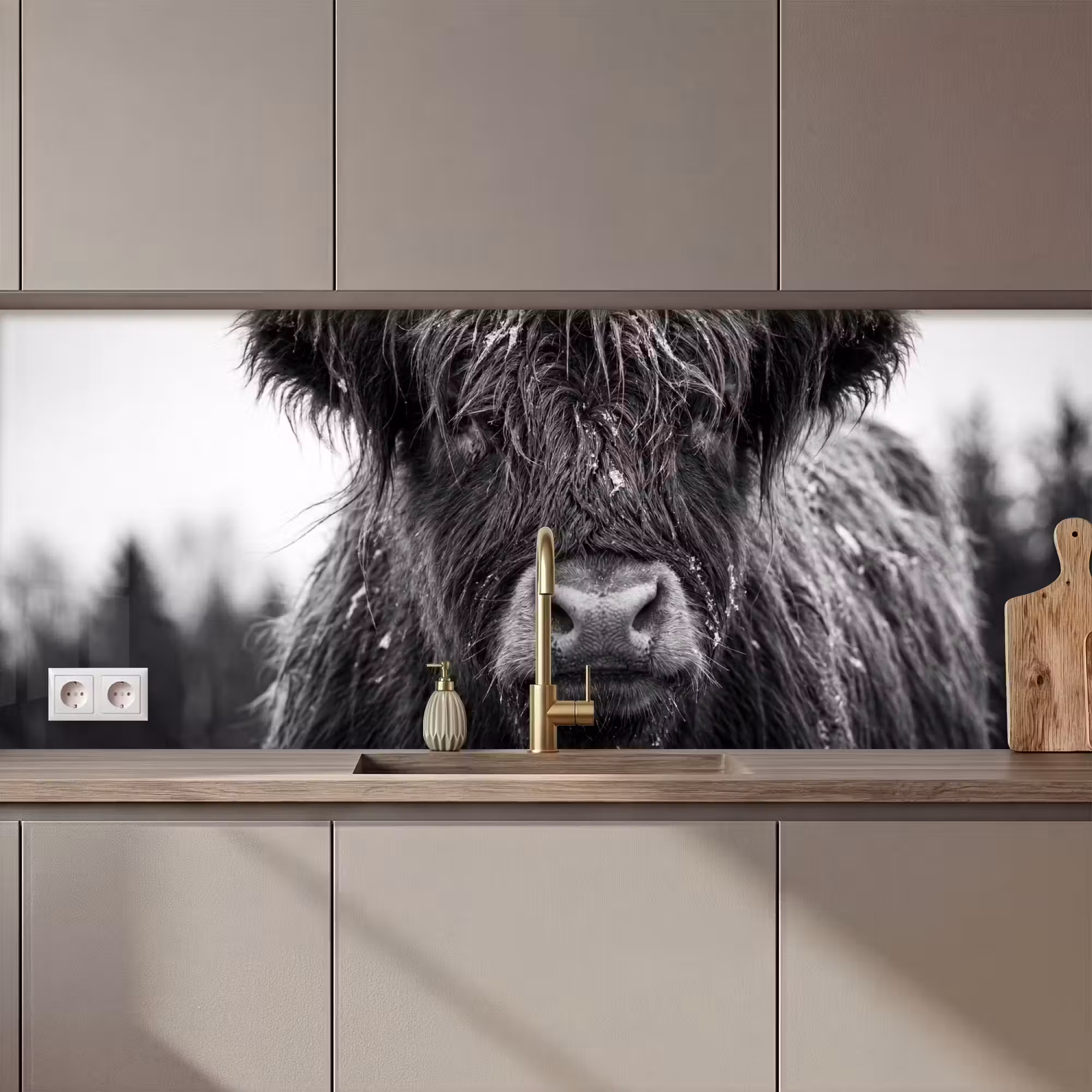 Küchenrückwand - Schottischer Highlander - Schwarz - Weiß - Schneeflocken