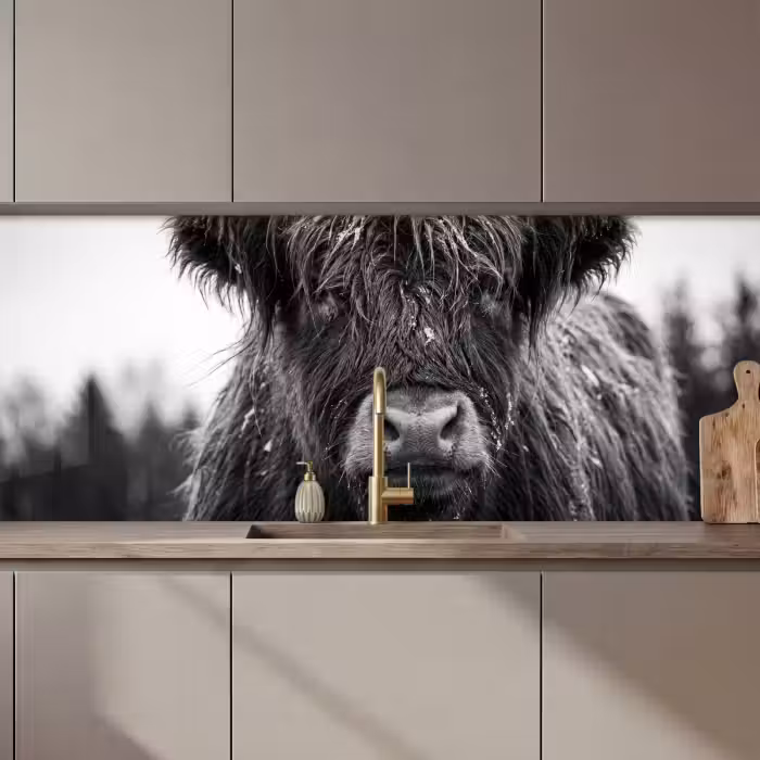 Küchenrückwand - Schottischer Highlander - Schwarz - Weiß - Schneeflocken