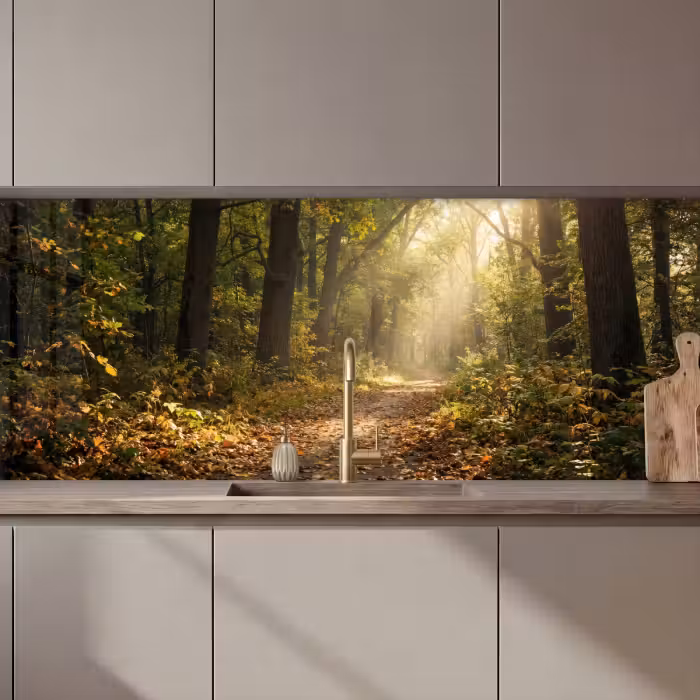 Küchenrückwand - Sonnenlicht - Waldweg - Bäume