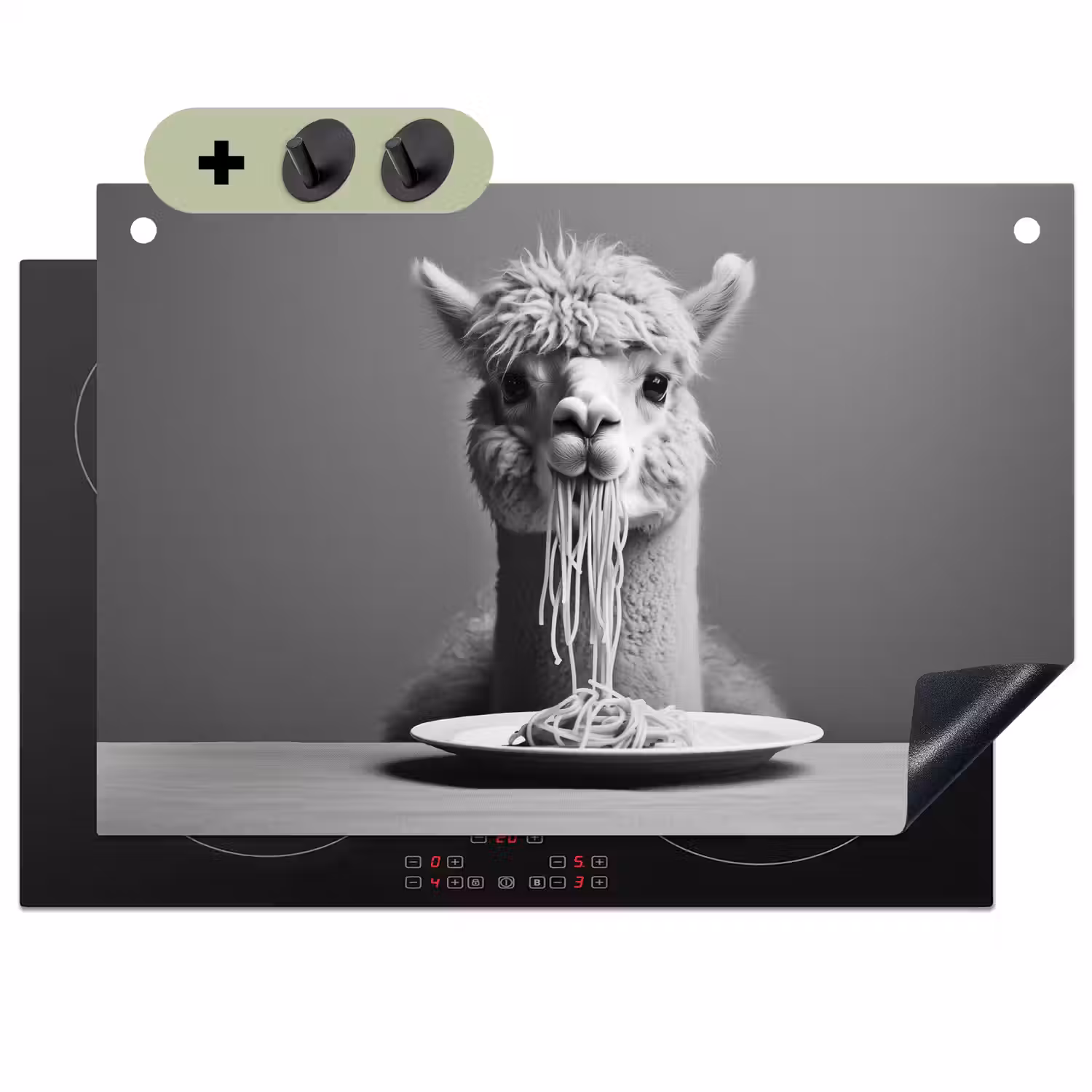 Alpaca - Pasta - Zwart - Wit - Grappig - Dieren Inductie beschemer met haakjes klein -3d