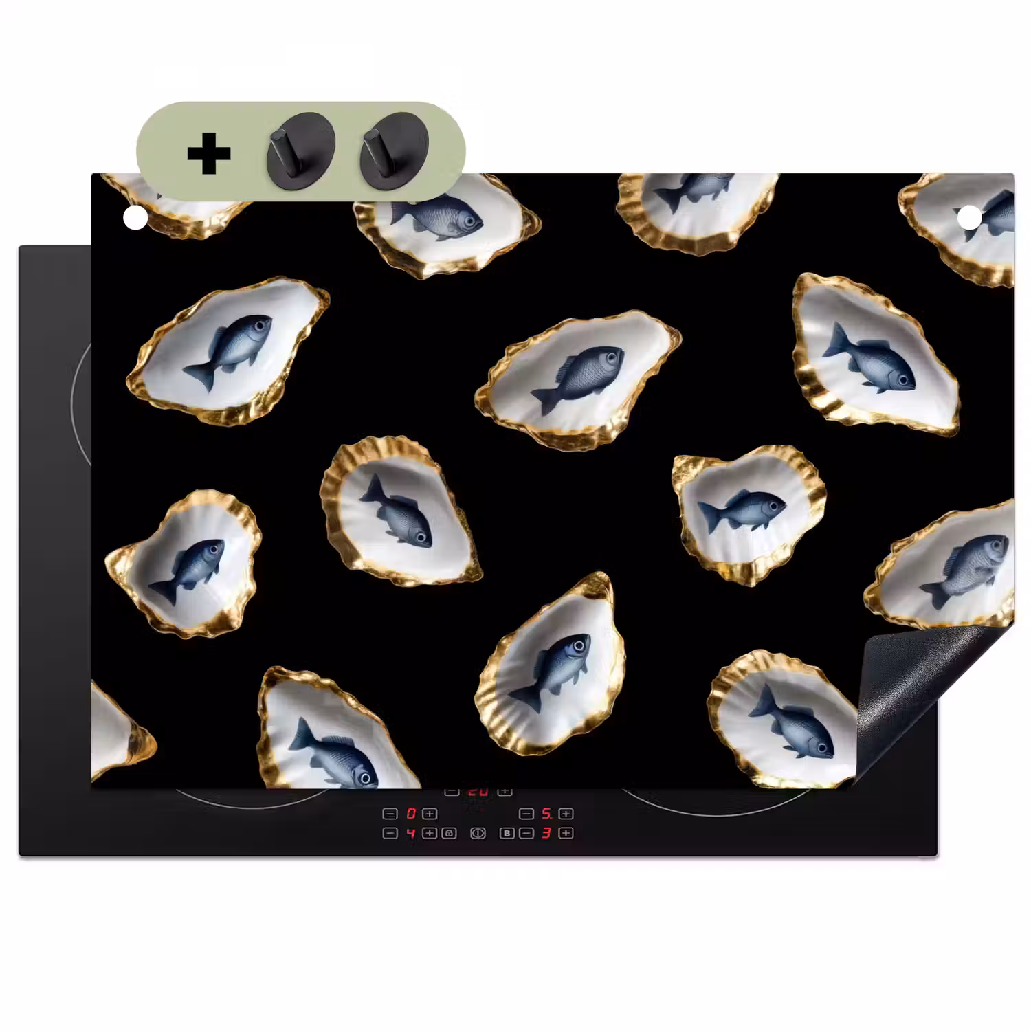 Oesters - Vissen - Blauw - Goud Inductie beschemer met haakjes klein -3d