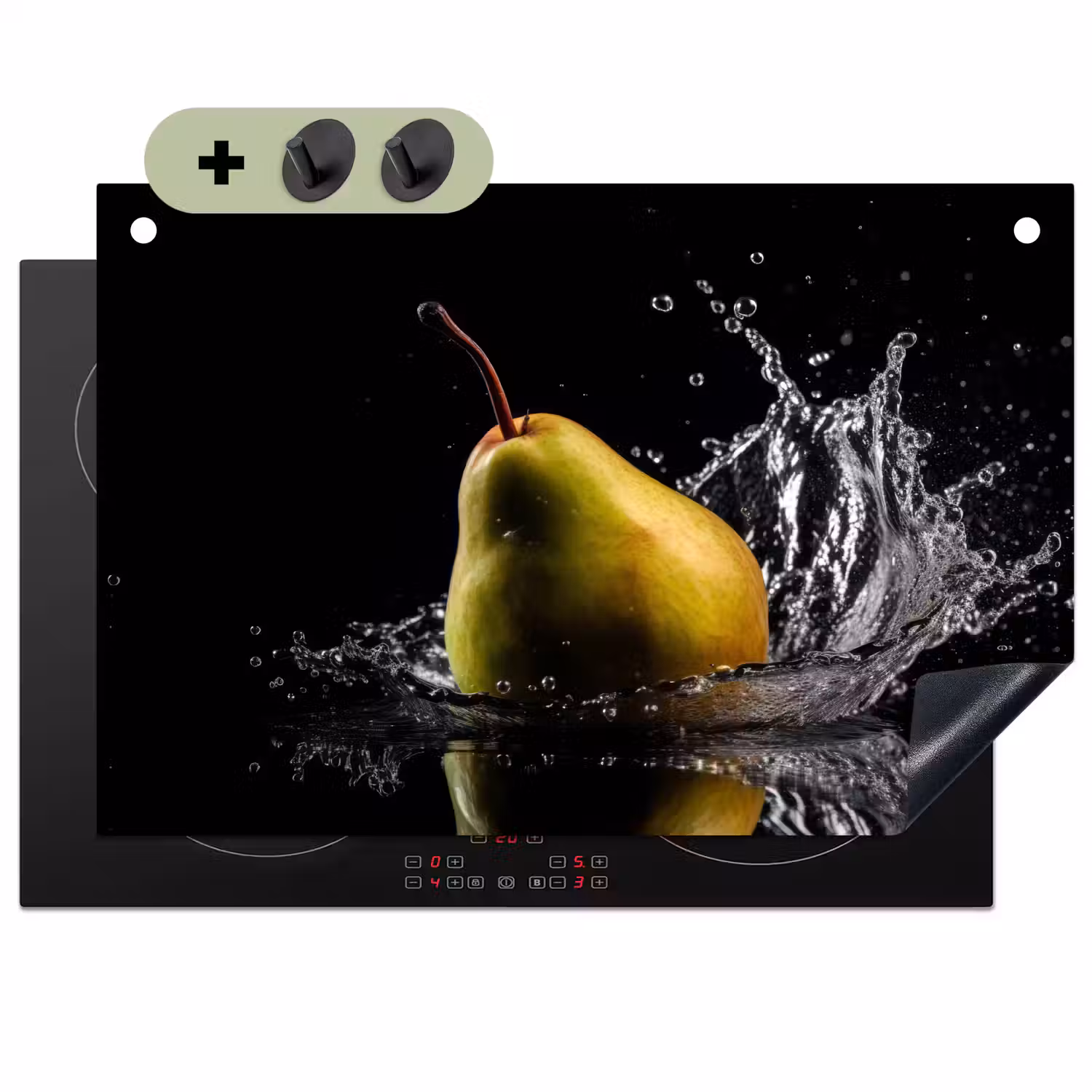 Peer - Fruit - Water - Zwart Inductie beschemer met haakjes klein -3d
