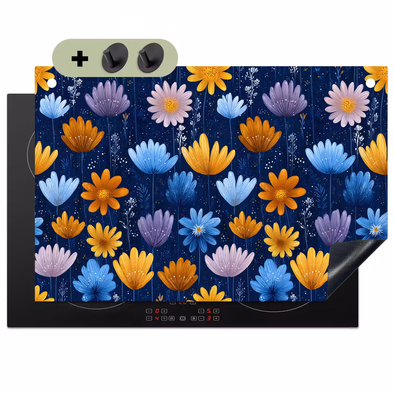 Bloemen - Patroon - Blauw - Contrast Inductie beschemer met haakjes klein -3d