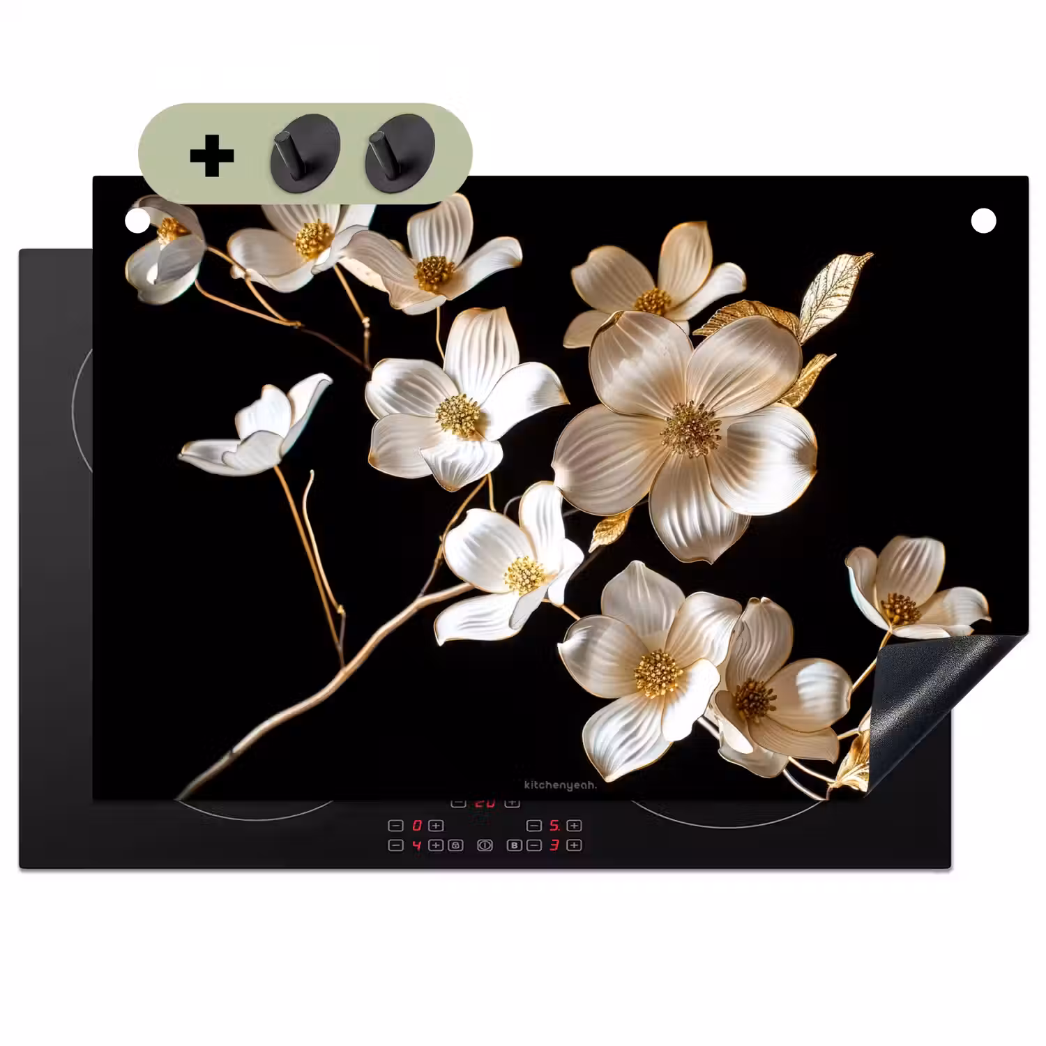 Bloemen - Wit - Goud Inductie beschemer met haakjes klein -3d