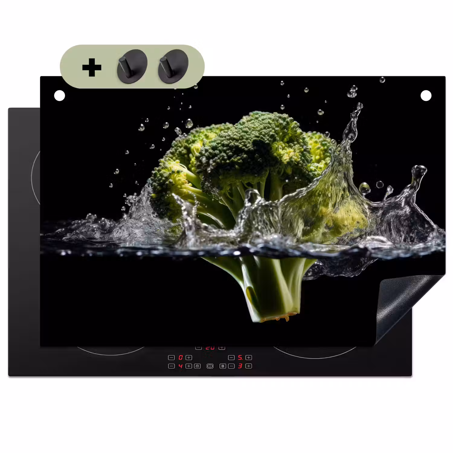 Broccoli - Groen - Water - Zwart Inductie beschemer met haakjes klein -3d