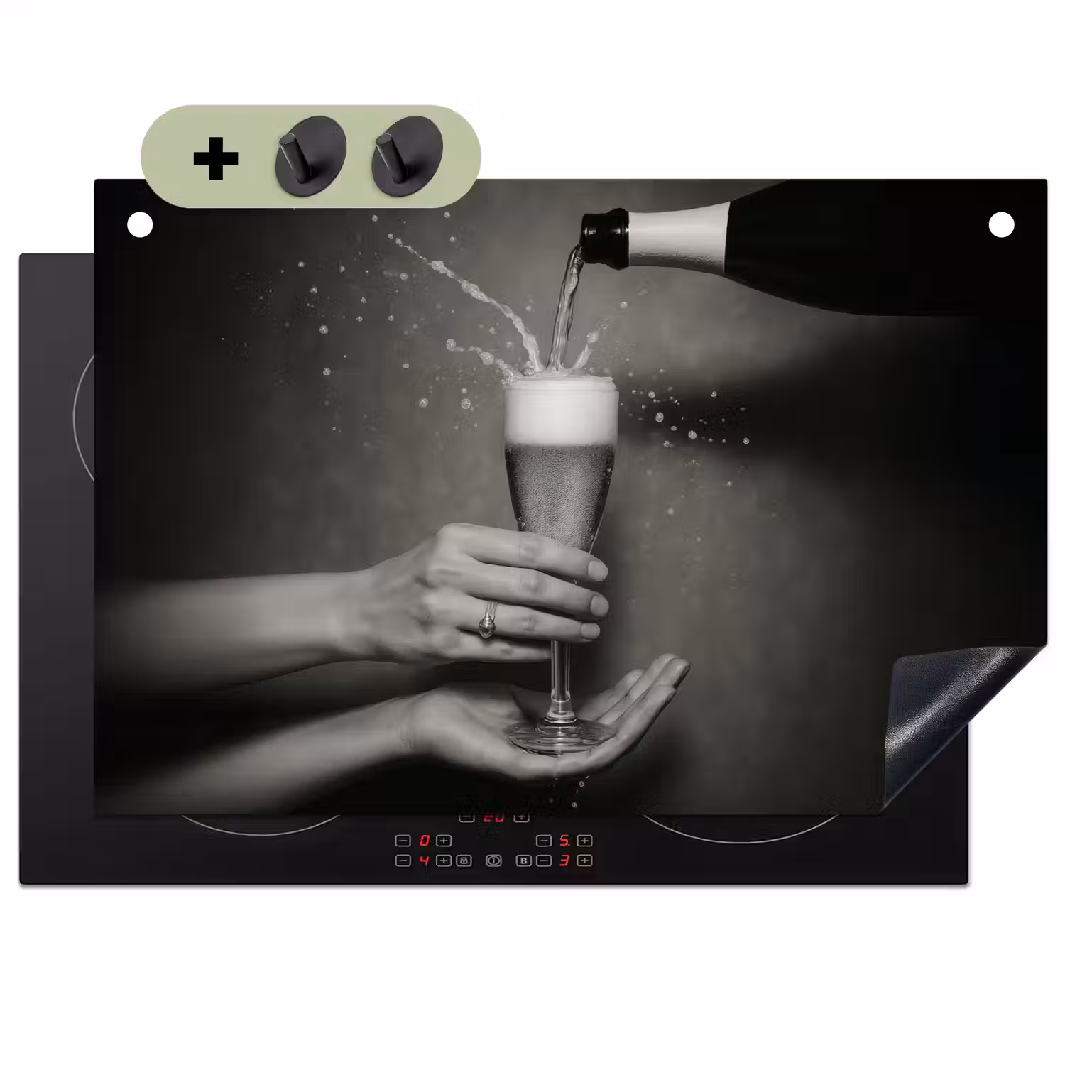 Champagnefles - Glas - Minimalistisch - Spetters Inductie beschemer met haakjes klein -3d