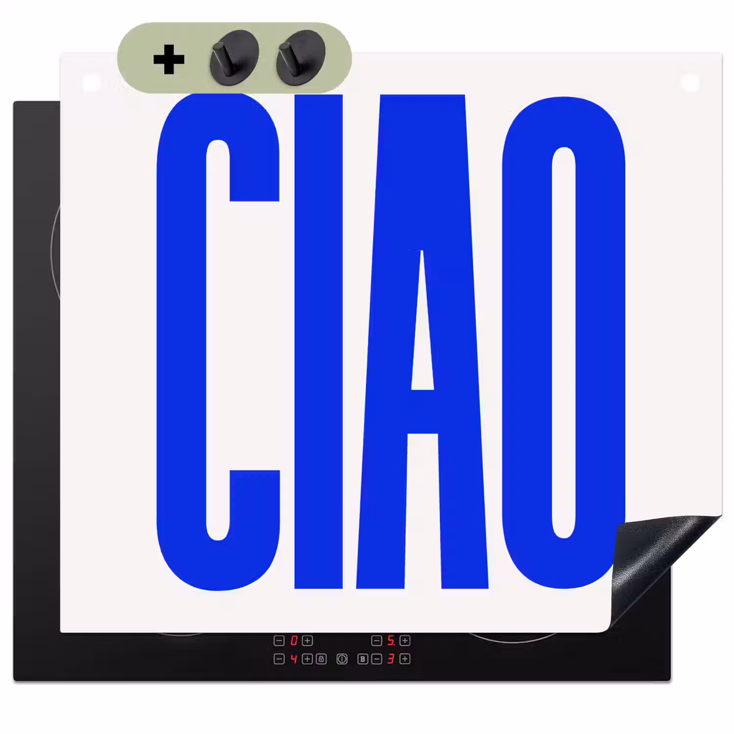 Ciao - Hoofdletters - Blauw - Minimalistisch Inductie beschemer met haakjes middel -3d