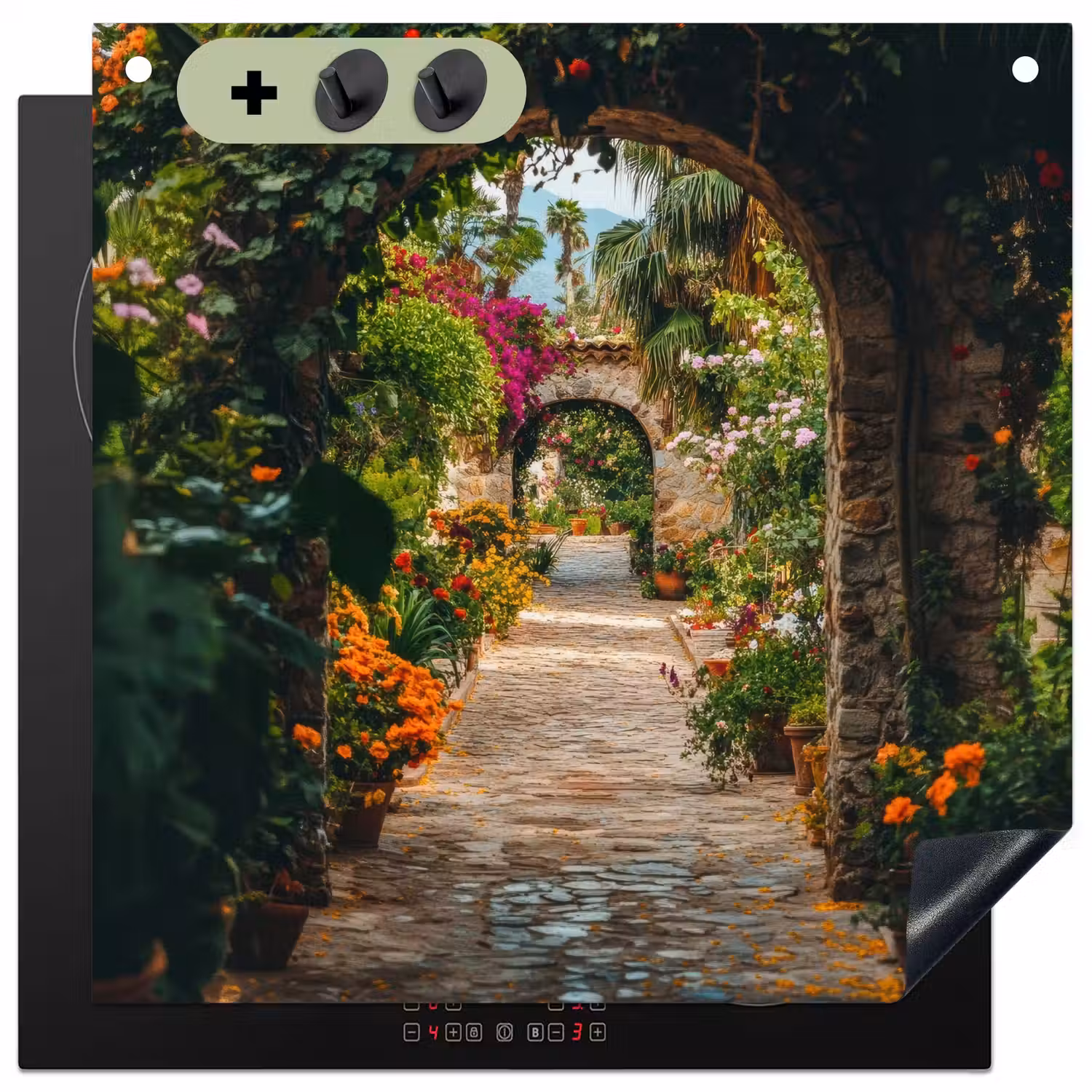 Doorkijk - Bloemen - Poort - Stenen Inductie beschemer met haakjes middel -3d