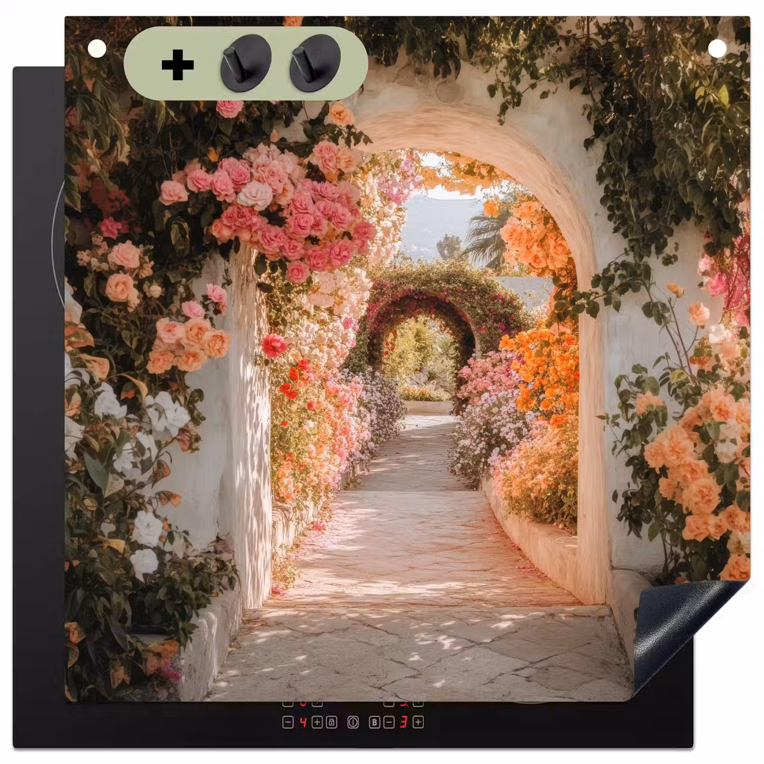 Doorkijk - Boog - Bloemen - Pastel Inductie beschemer met haakjes middel -3d