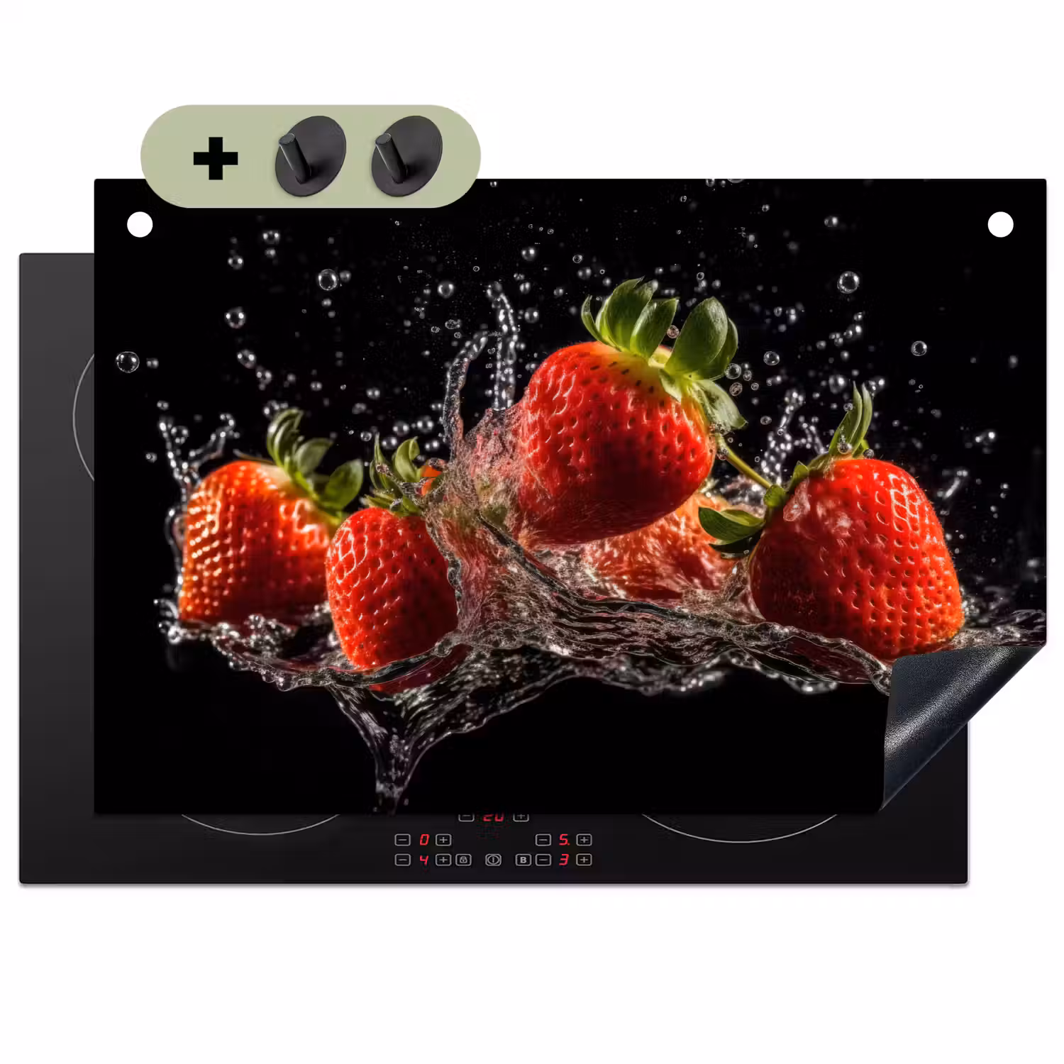 Aardbeien - Fruit - Rood - Water - Zwart Inductie beschemer met haakjes klein -3d