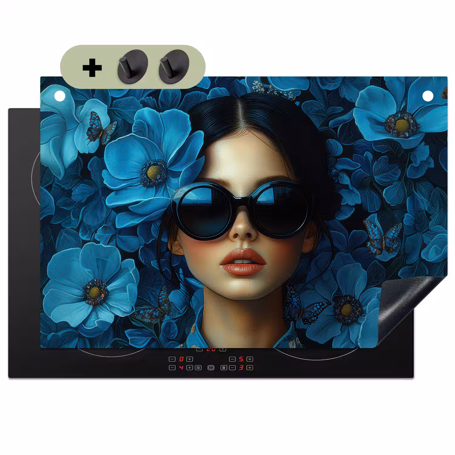 Vrouw - Bloemen - Blauw - Aesthetic - Luxe Inductie beschemer met haakjes klein -3d
