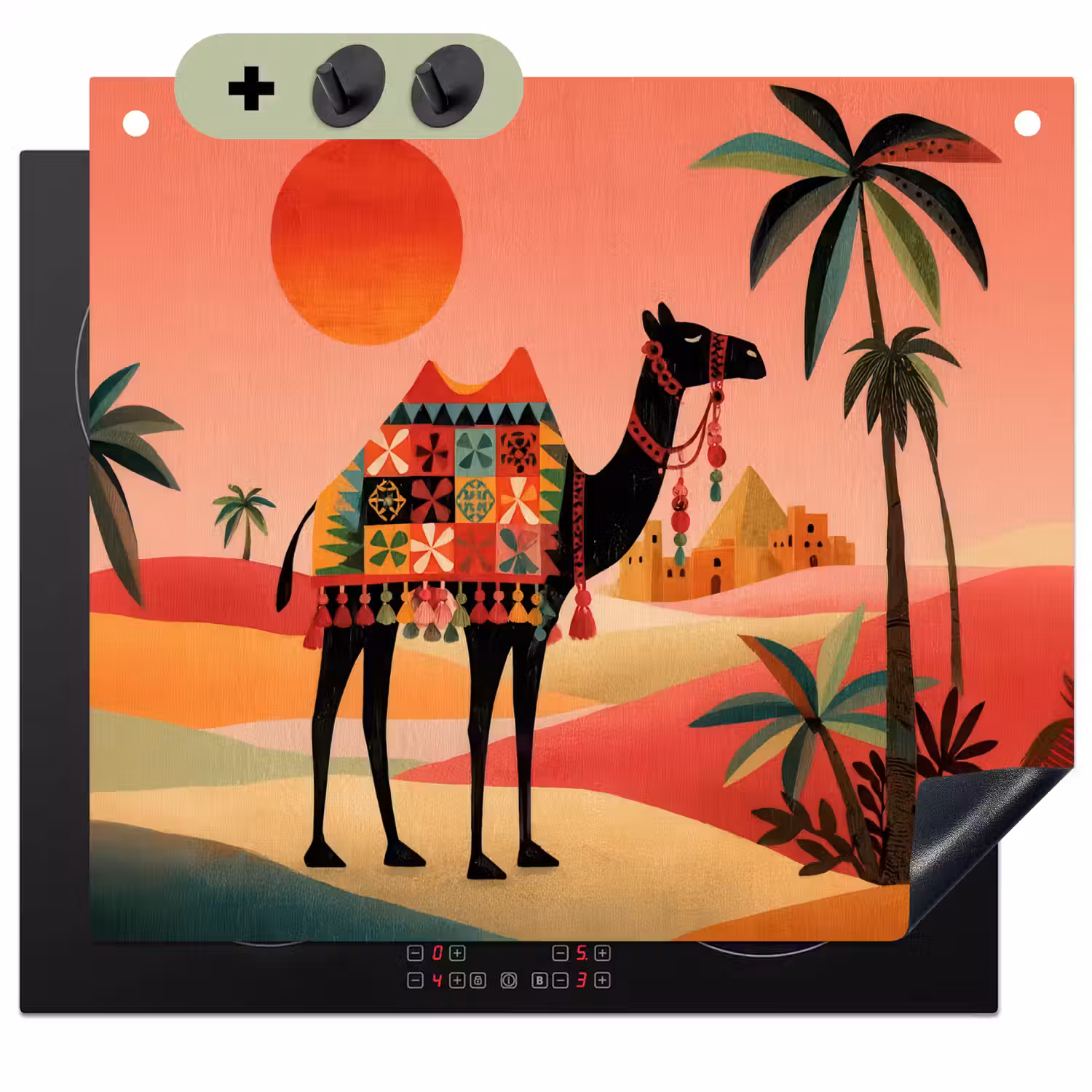 Kameel - Gekleurd tapijt - Duinen - Rode zon Inductie beschemer met haakjes middel -3d
