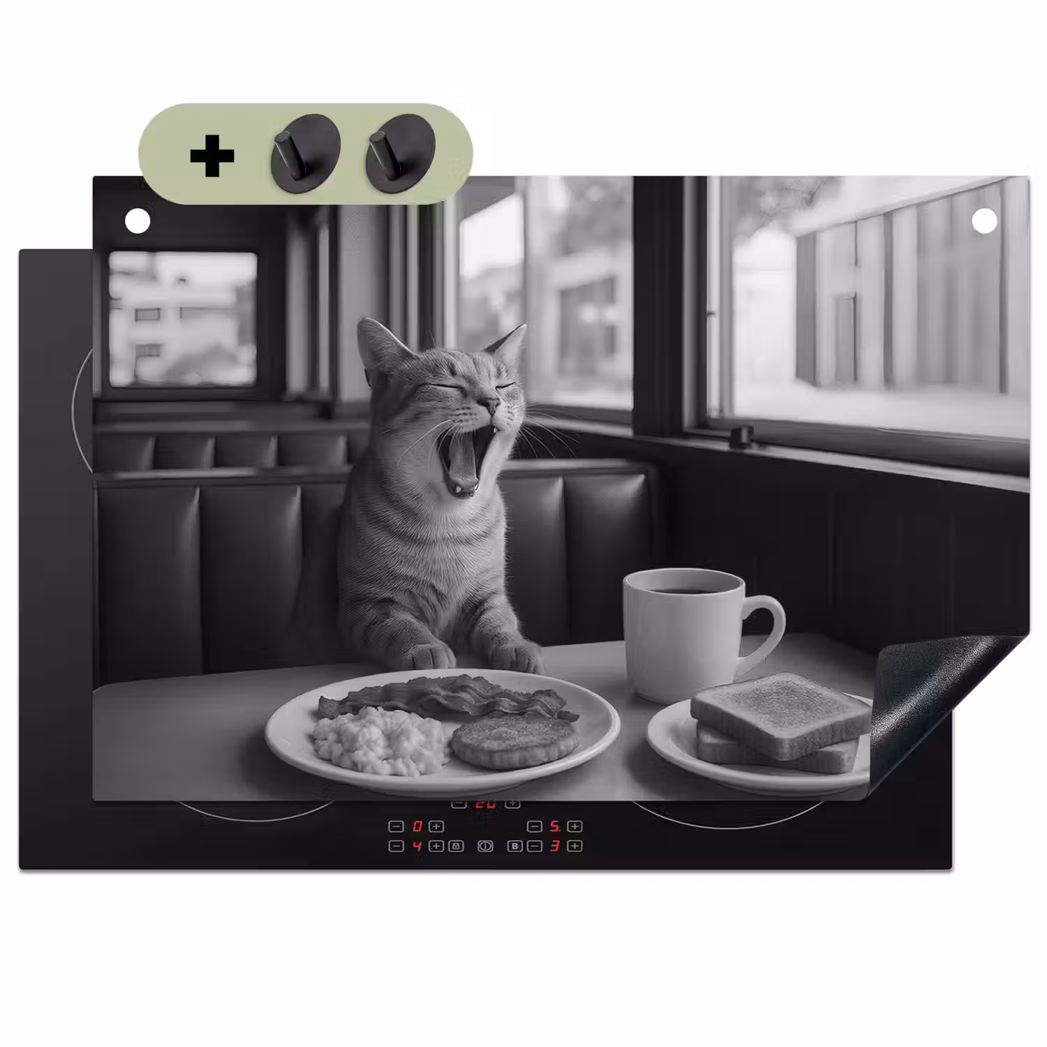 Kat - Koffie - Brood - Zwart Inductie beschemer met haakjes klein -3d