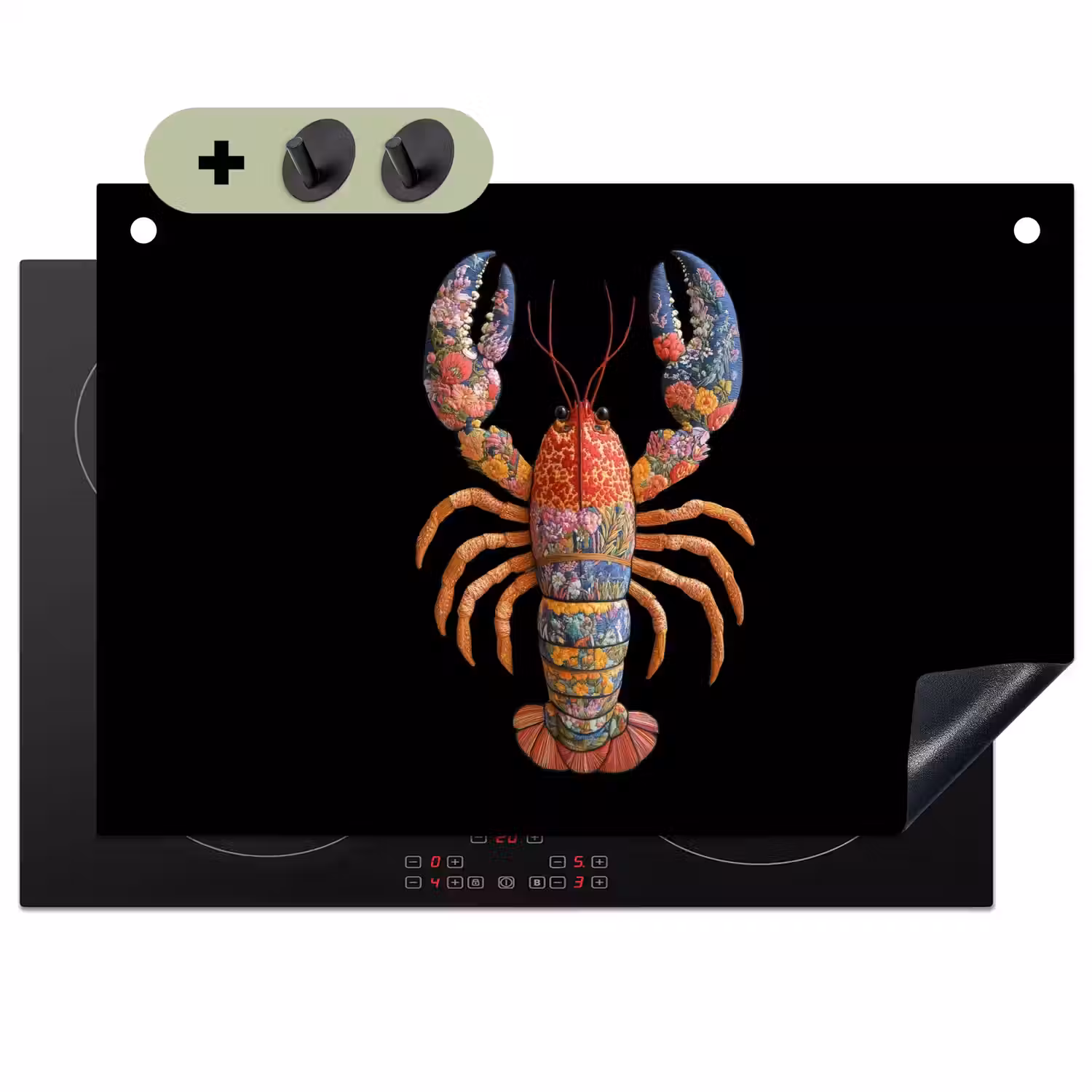 Kreeft - Borduur - Kleurrijk - Bloemen Inductie beschemer met haakjes klein -3d