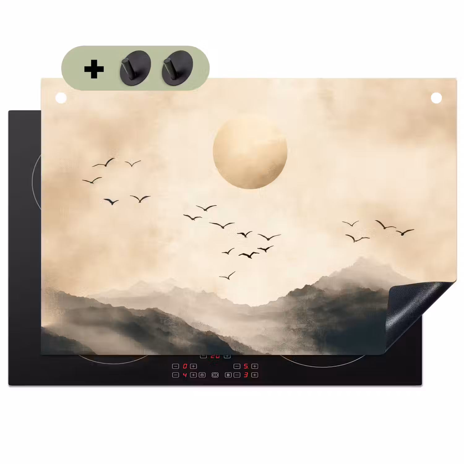 Landschap - Japandi - vogel Inductie beschemer met haakjes klein -3d