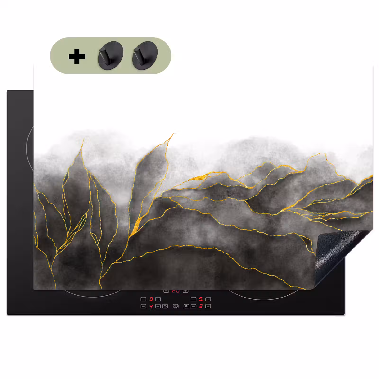 Marmer - Zwart - Goud - Luxe - Marmerlook Inductie beschemer met haakjes klein -3d