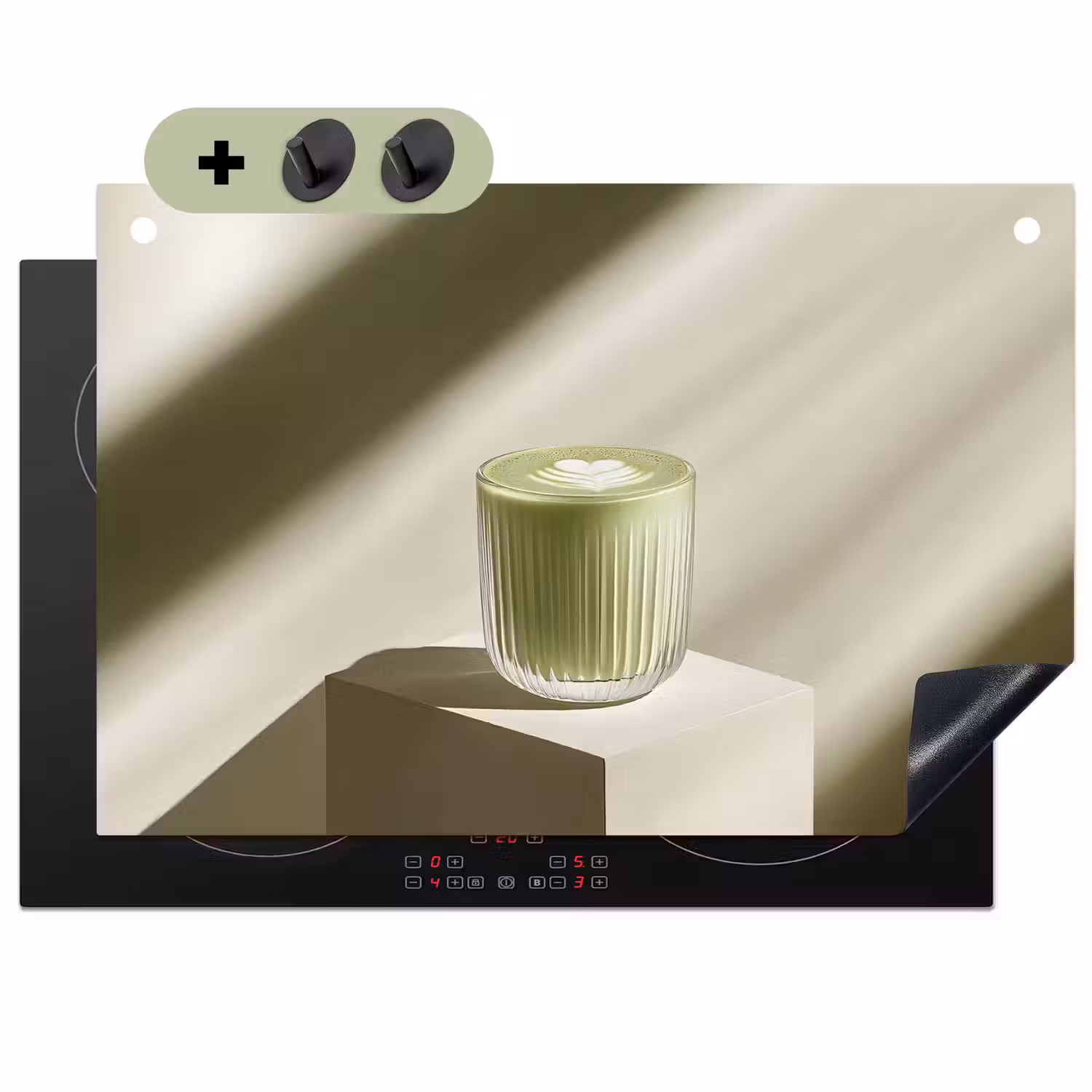 Matcha - Glas - Groen - Minimalistisch Inductie beschemer met haakjes klein -3d