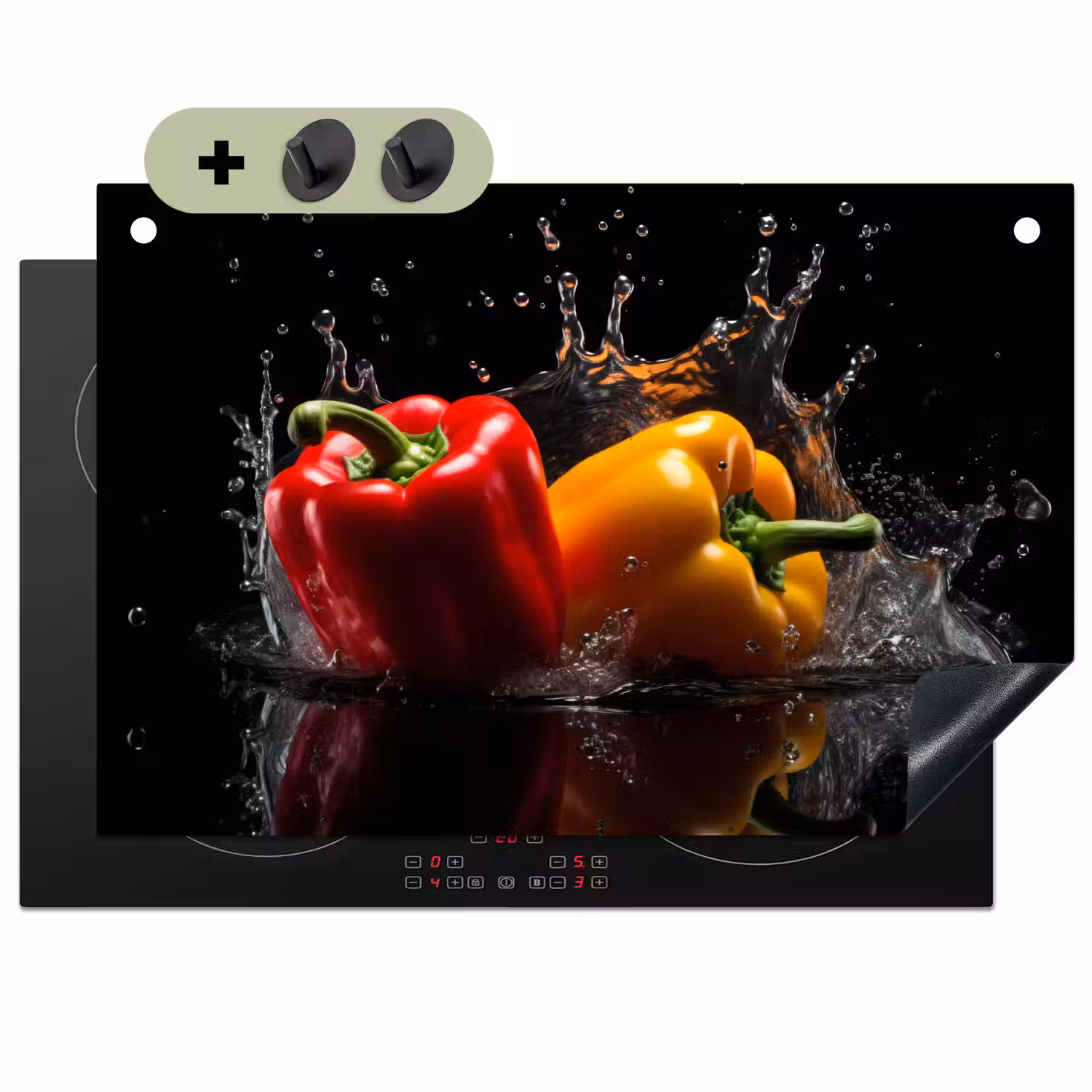 Paprika - Water - Zwart - Groente - Rood - Geel Inductie beschemer met haakjes klein -3d