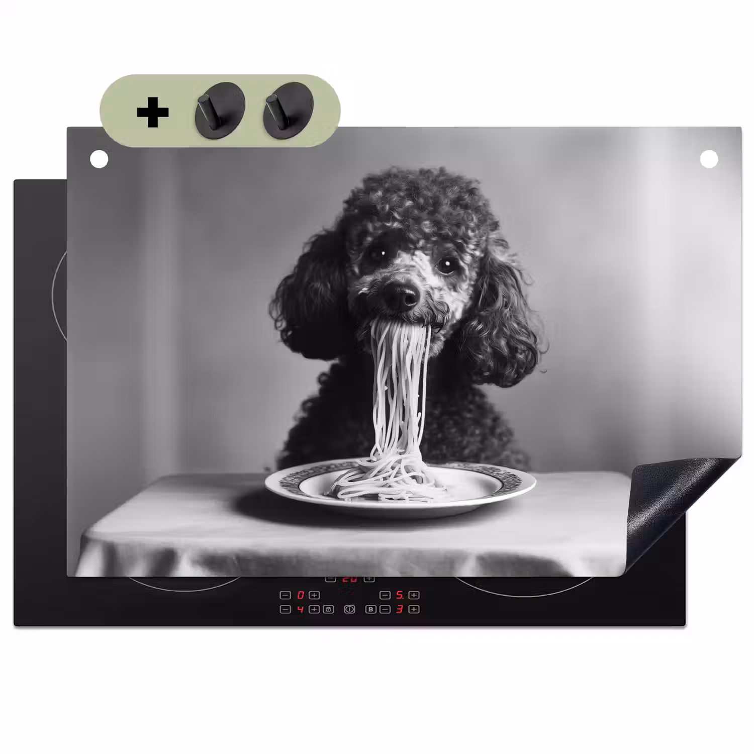 Poedel - Hond - Zwart - Wit - Schattig - Pasta Inductie beschemer met haakjes klein -3d